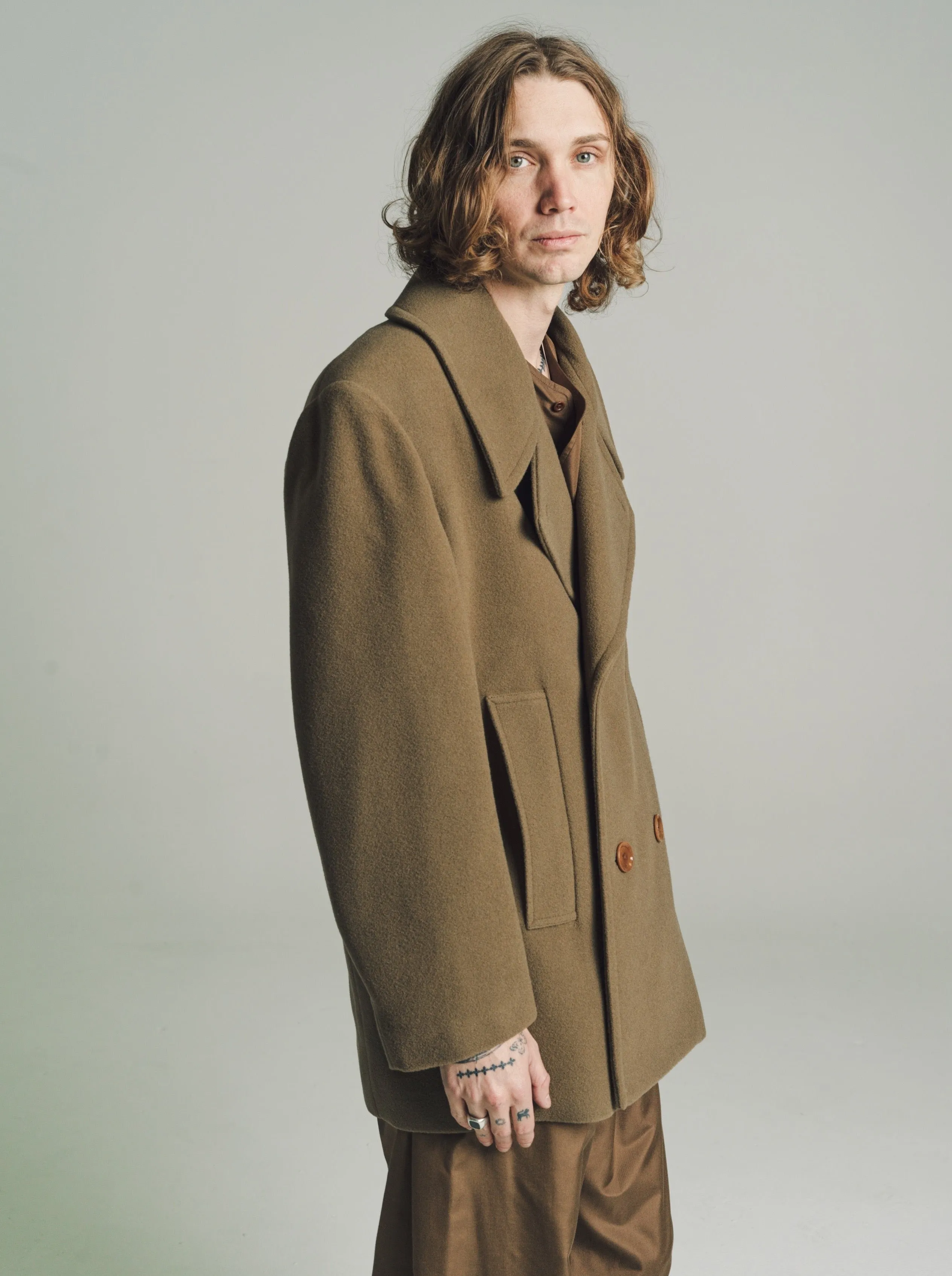 Capers Khaki Wool Maxi Pea Coat