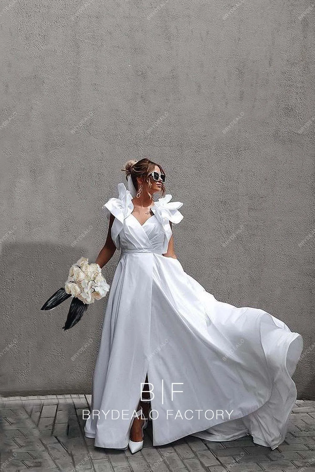 Casual V-neck White Slit A-line Elopement Wedding Dress