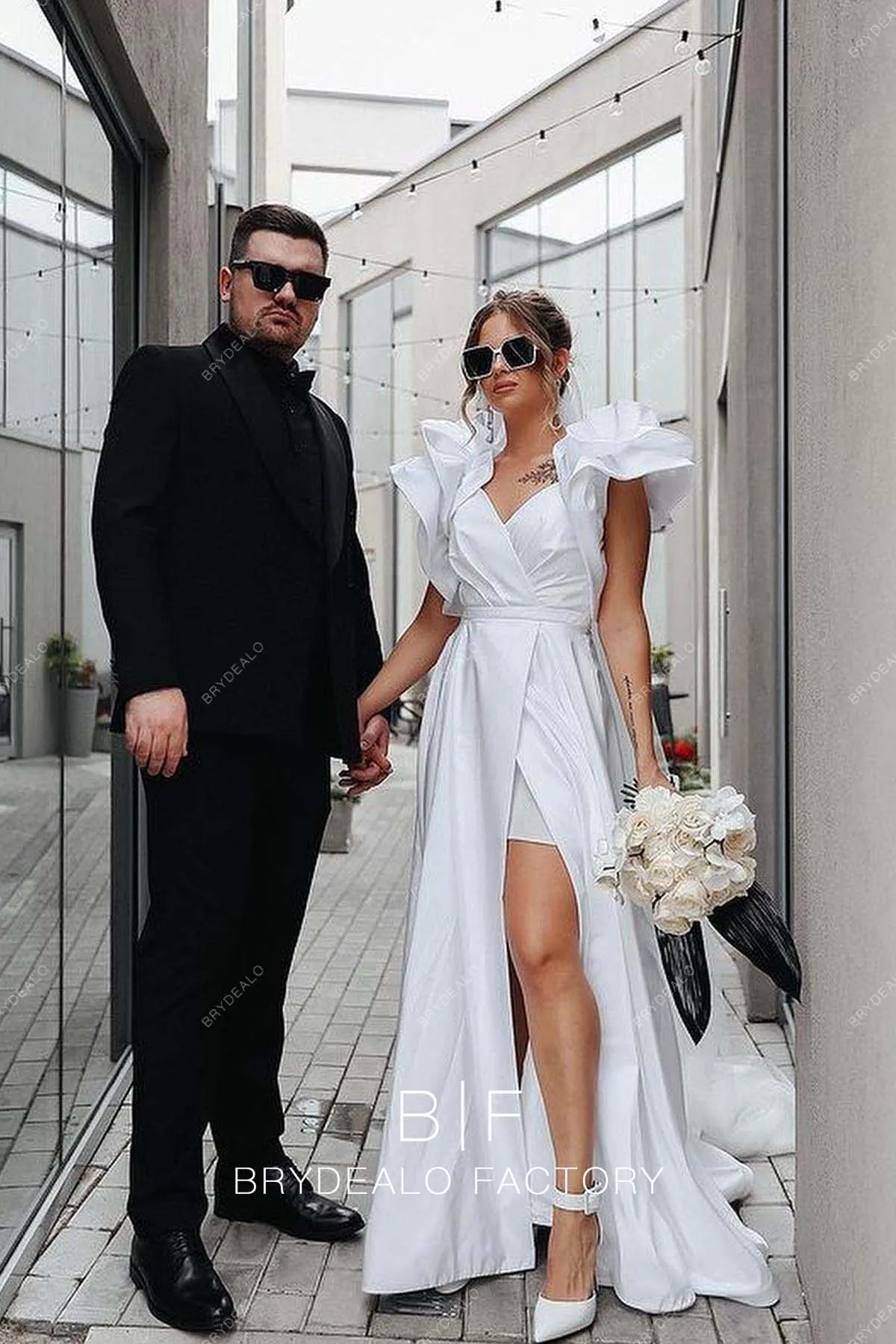 Casual V-neck White Slit A-line Elopement Wedding Dress