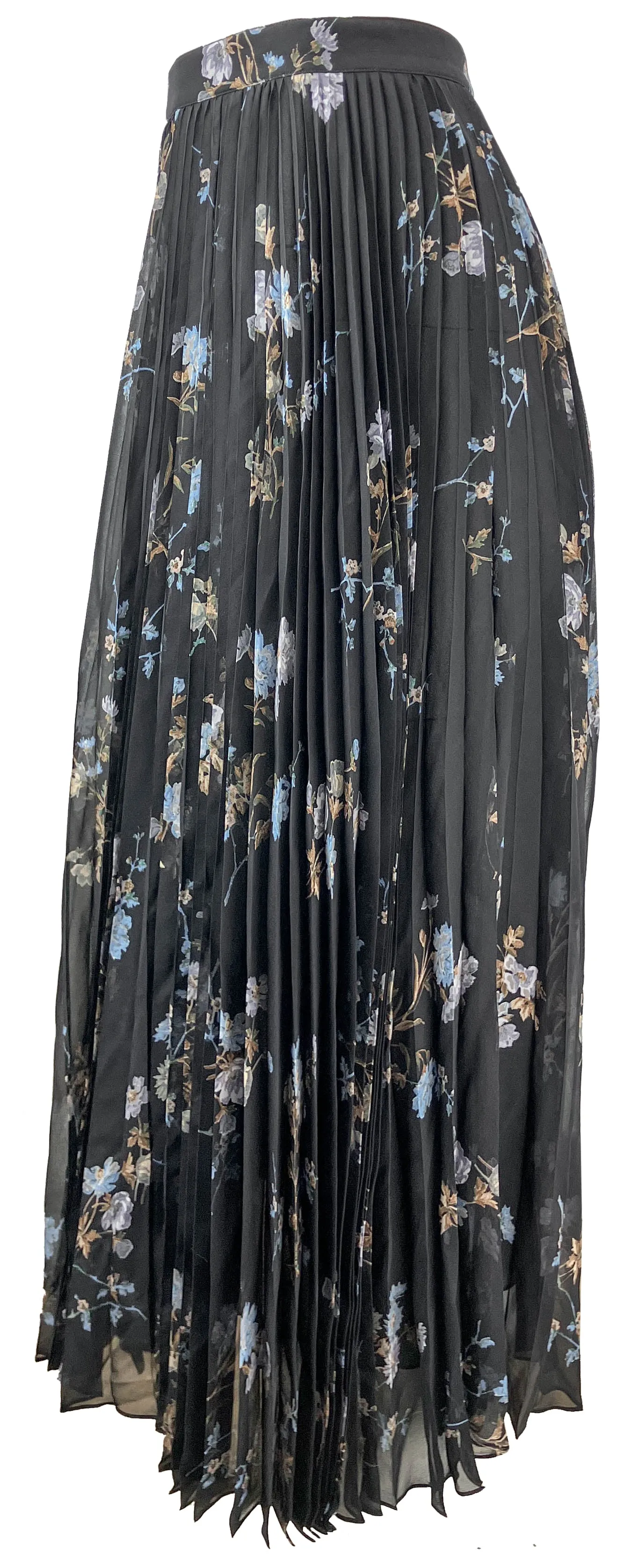 Celine Pleated Midi Skirt in Black/Blue Floral