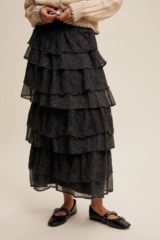 Charcoal Lace And Rose Jacquard Ruffle Tiered Maxi Skirt