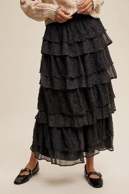 Charcoal Lace And Rose Jacquard Ruffle Tiered Maxi Skirt