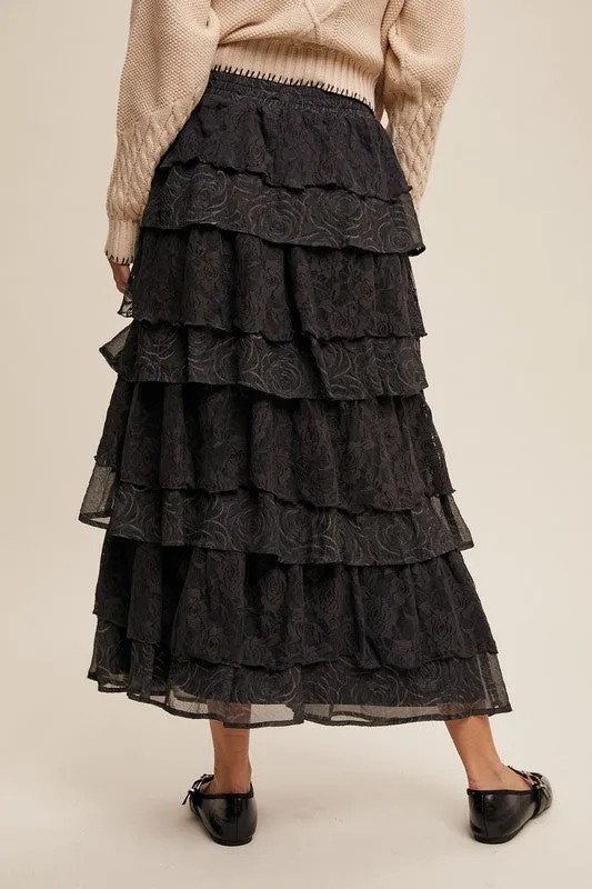 Charcoal Lace And Rose Jacquard Ruffle Tiered Maxi Skirt