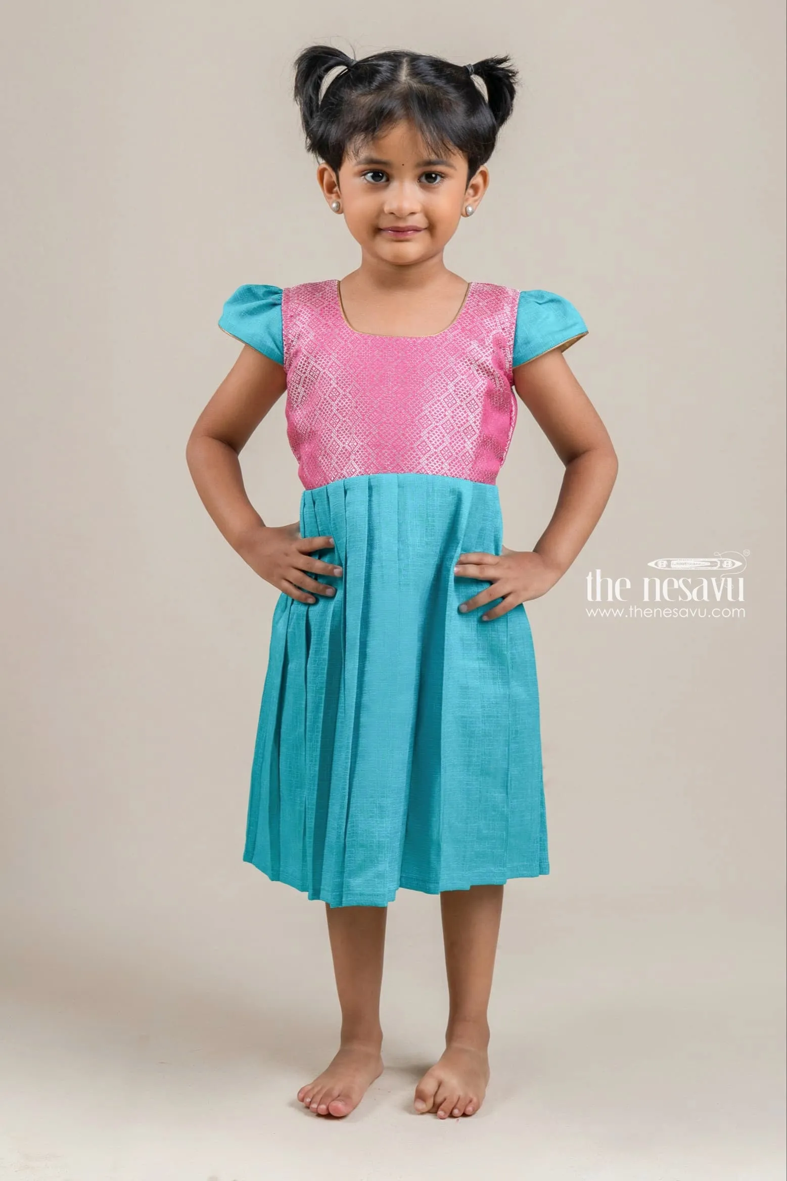 Charming Pink Bandhani Pattern Yoke And Blue Pleated Semi-Silk Frock For Girls