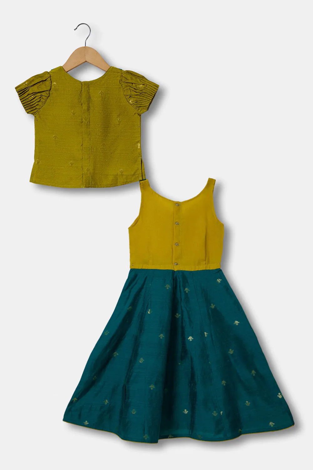 Chittythalli Pintuck Sleeve With Patch Work With Ruffle Detailing Top And Skirt Pavadai Set -  Green  - PS33