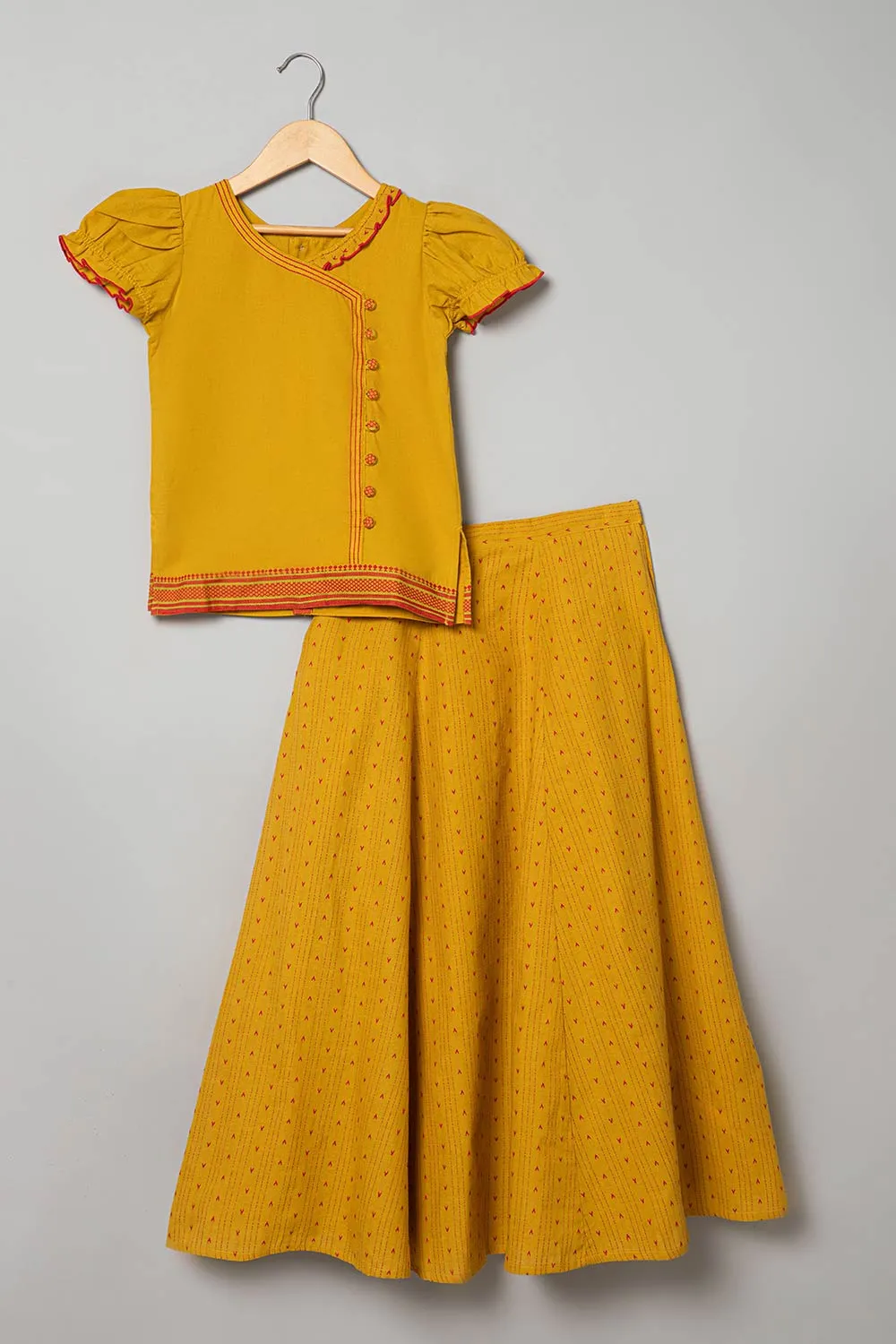 Chittythalli Puff Sleeve With Minimal Embroidery Top & Kali Skirt  Pavadai Set -  Yellow   - PS50