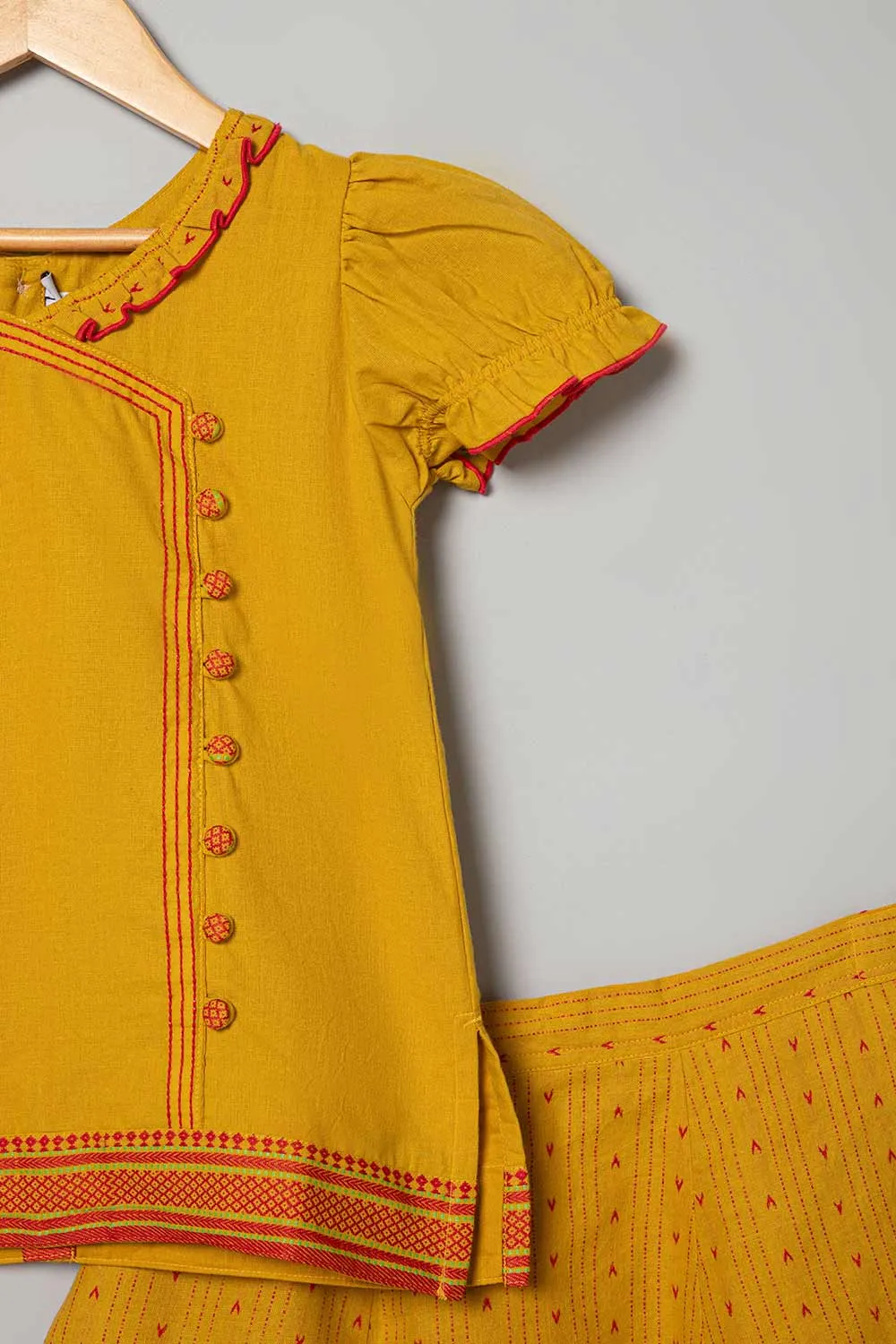 Chittythalli Puff Sleeve With Minimal Embroidery Top & Kali Skirt  Pavadai Set -  Yellow   - PS50