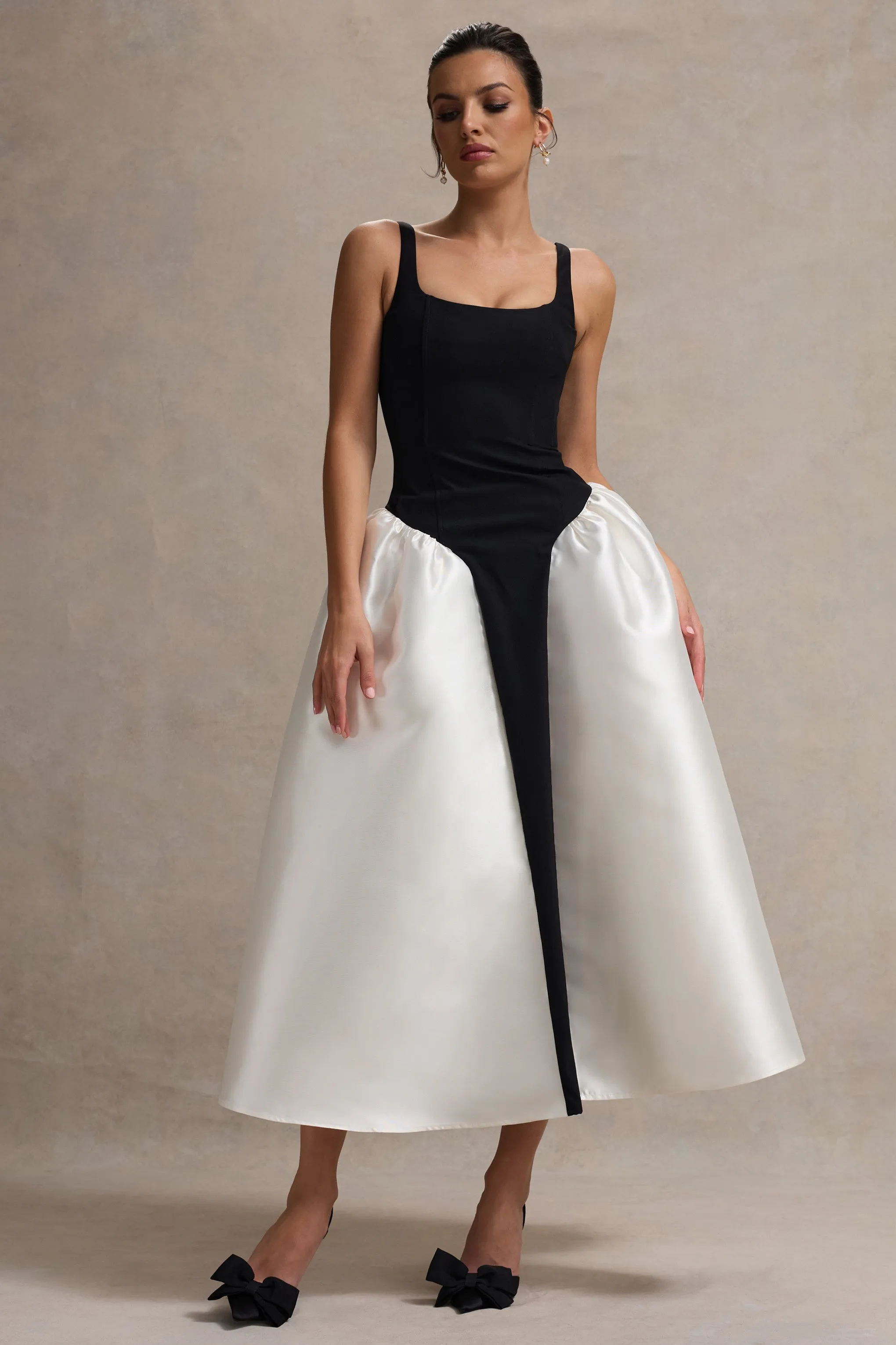 Christie | Black and Cream Scoop-Neck Midi Dress With Volume Skirt