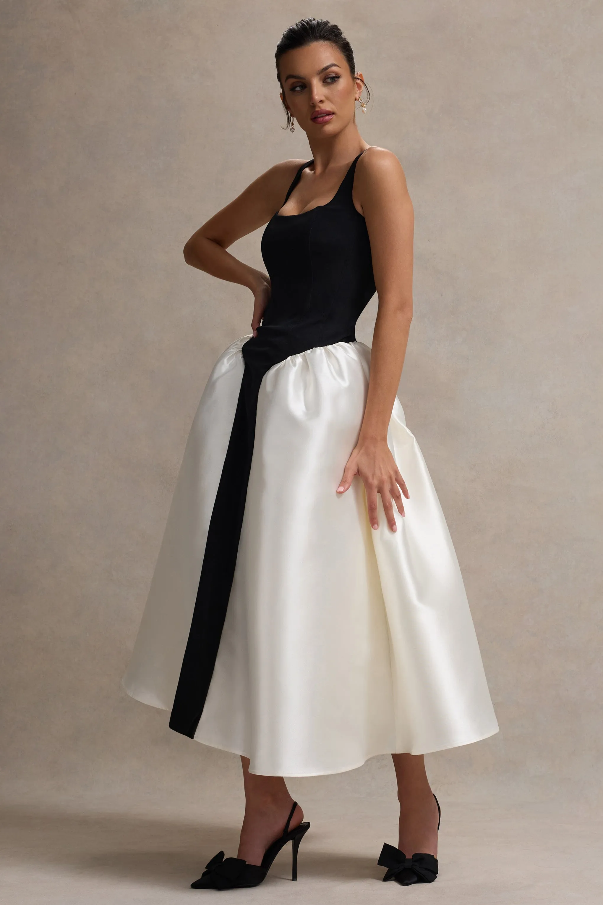 Christie | Black and Cream Scoop-Neck Midi Dress With Volume Skirt