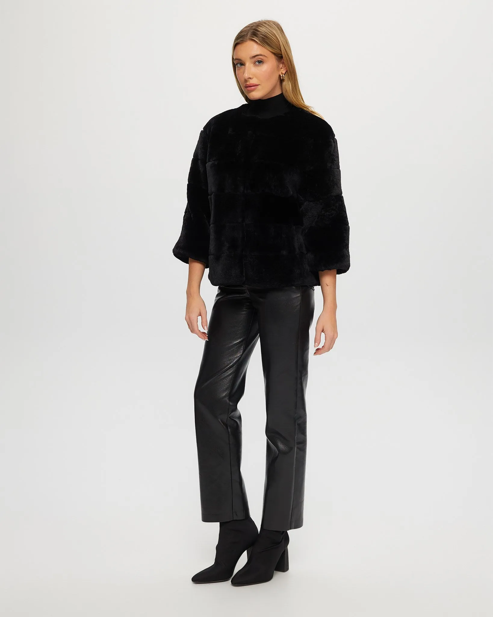 Collarless Select Shearling Lamb Jacket with 3/4 Sleeves