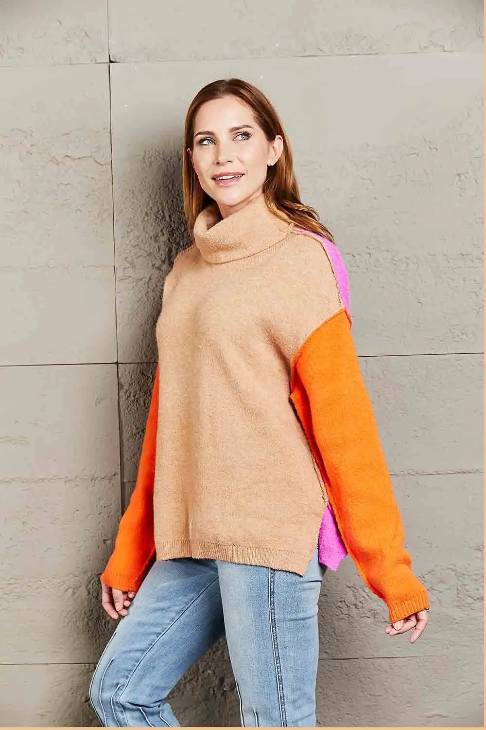 Color Block Turtleneck Slit Sweater