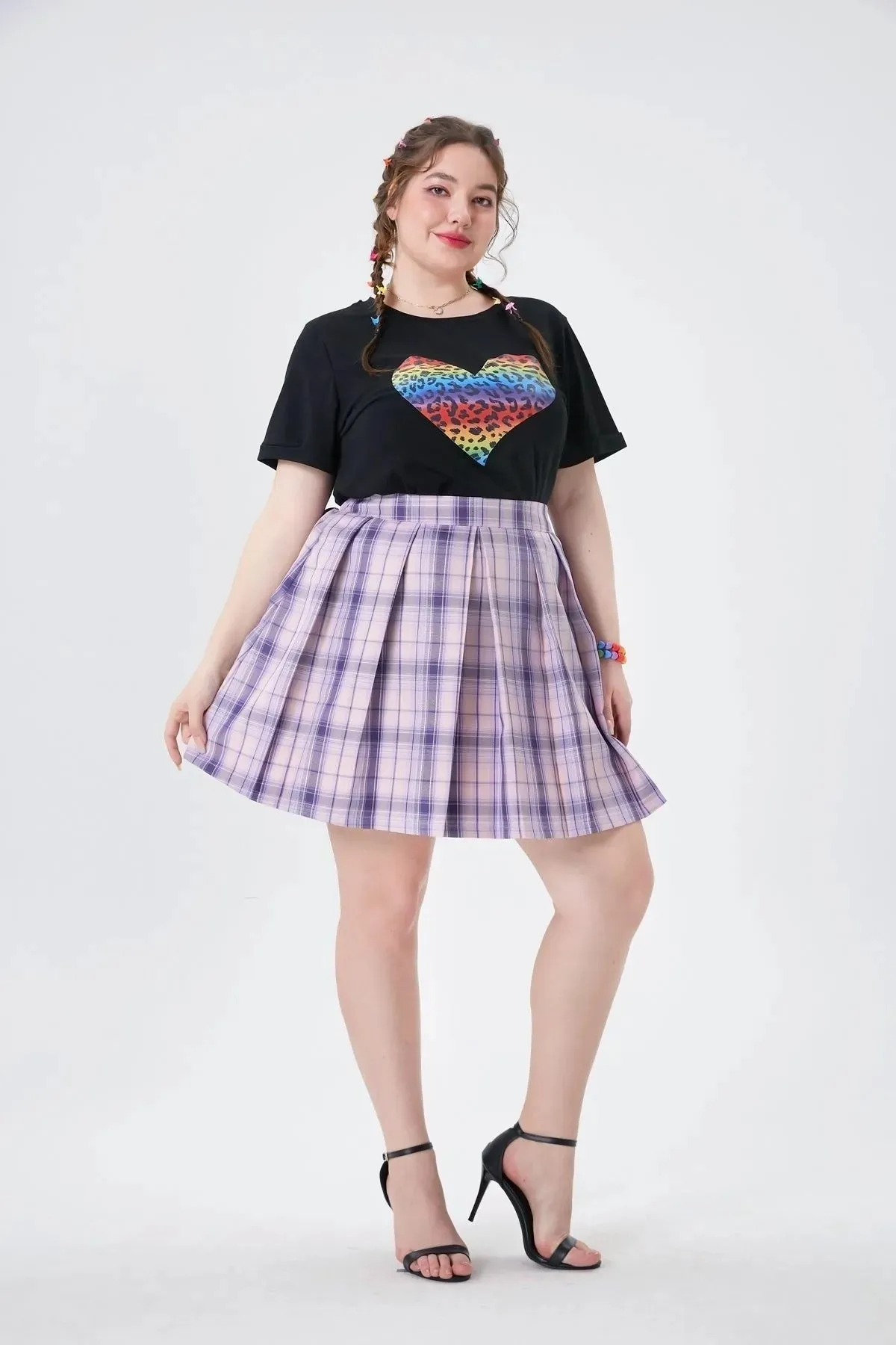 Colorblock Fold Pleated Plaid Side Zipper Elasticated Skirt