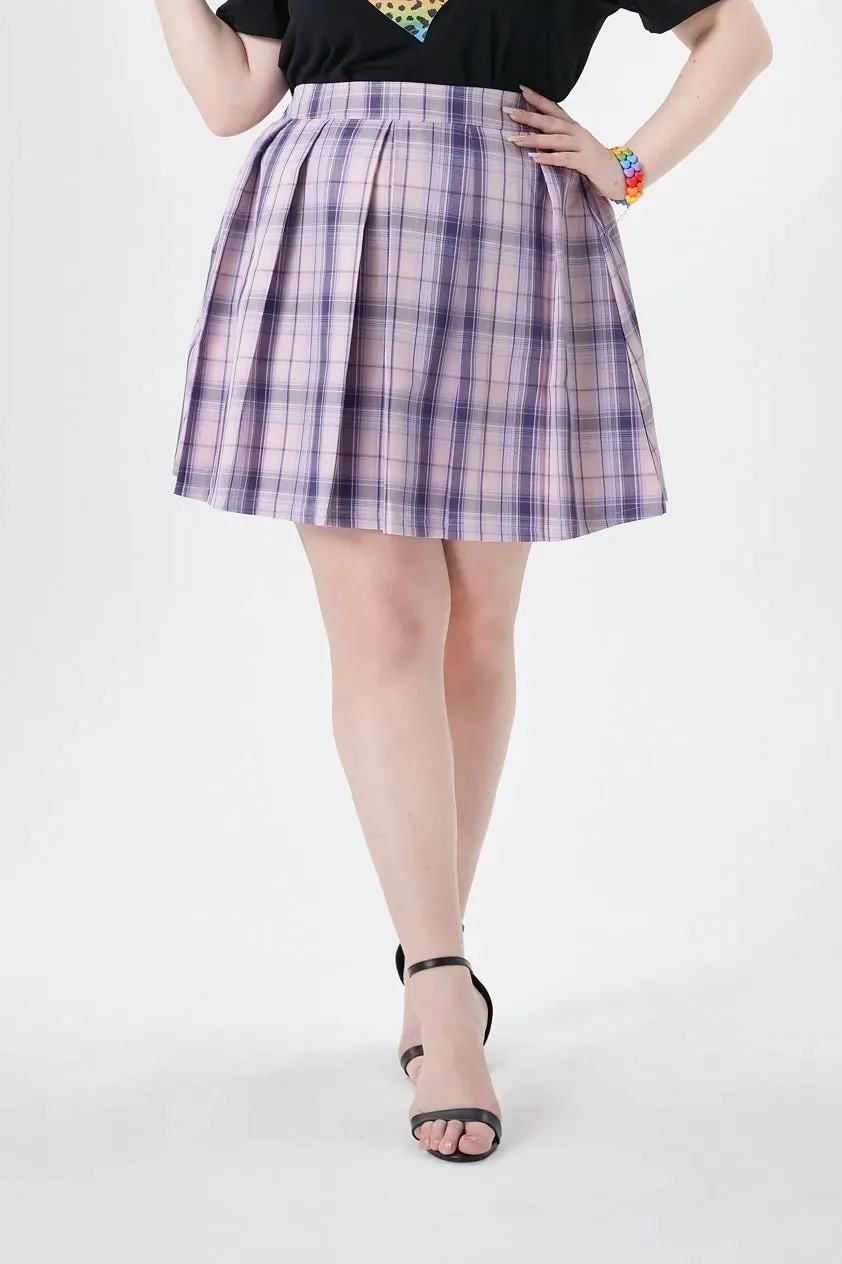 Colorblock Fold Pleated Plaid Side Zipper Elasticated Skirt