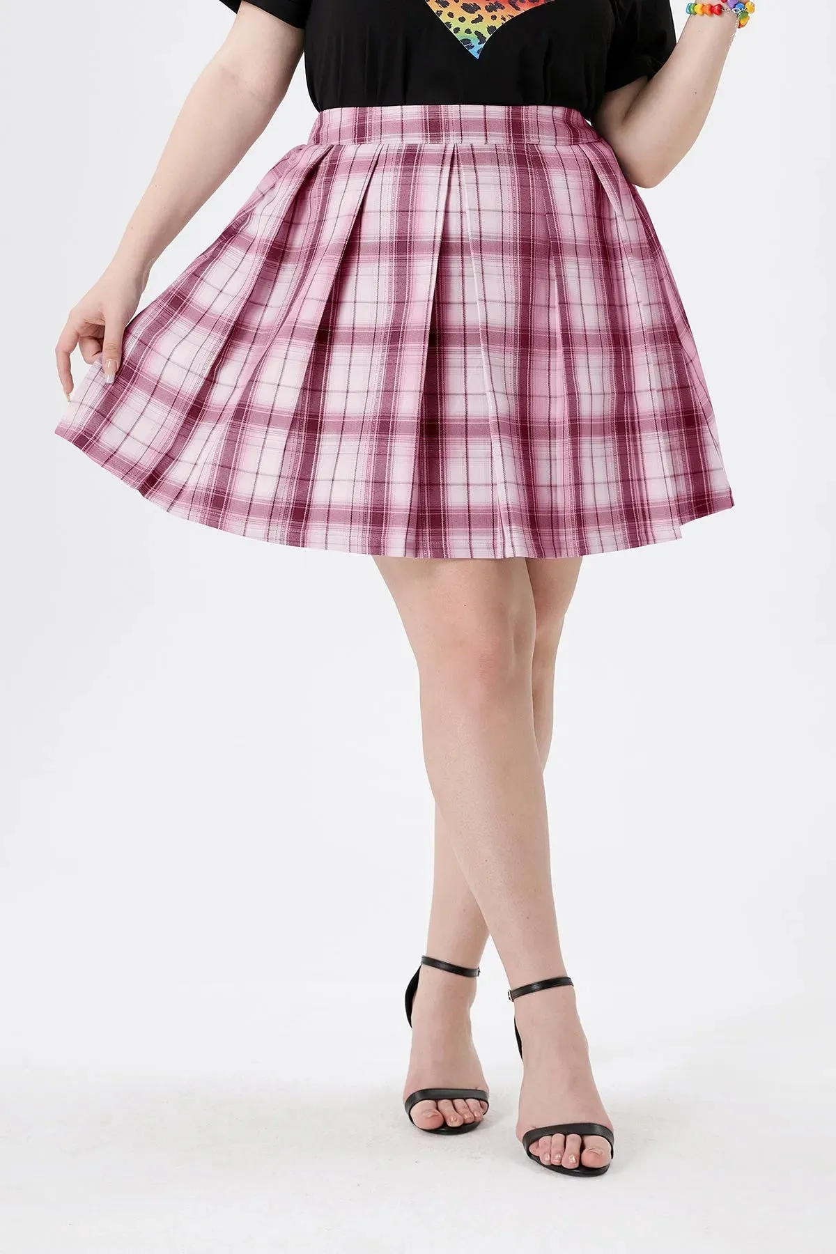 Colorblock Fold Pleated Plaid Side Zipper Elasticated Skirt