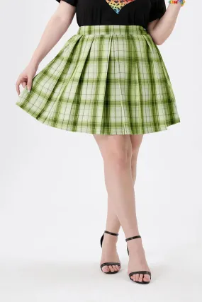 Colorblock Fold Pleated Plaid Side Zipper Elasticated Skirt