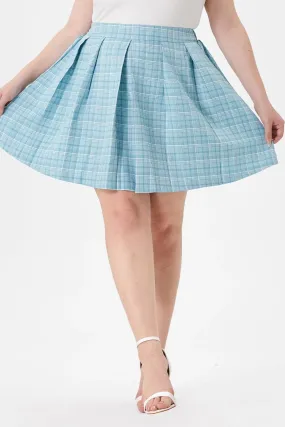 Colorblock Pleated Plaid Side Zipper Elasticated Waist Skirt