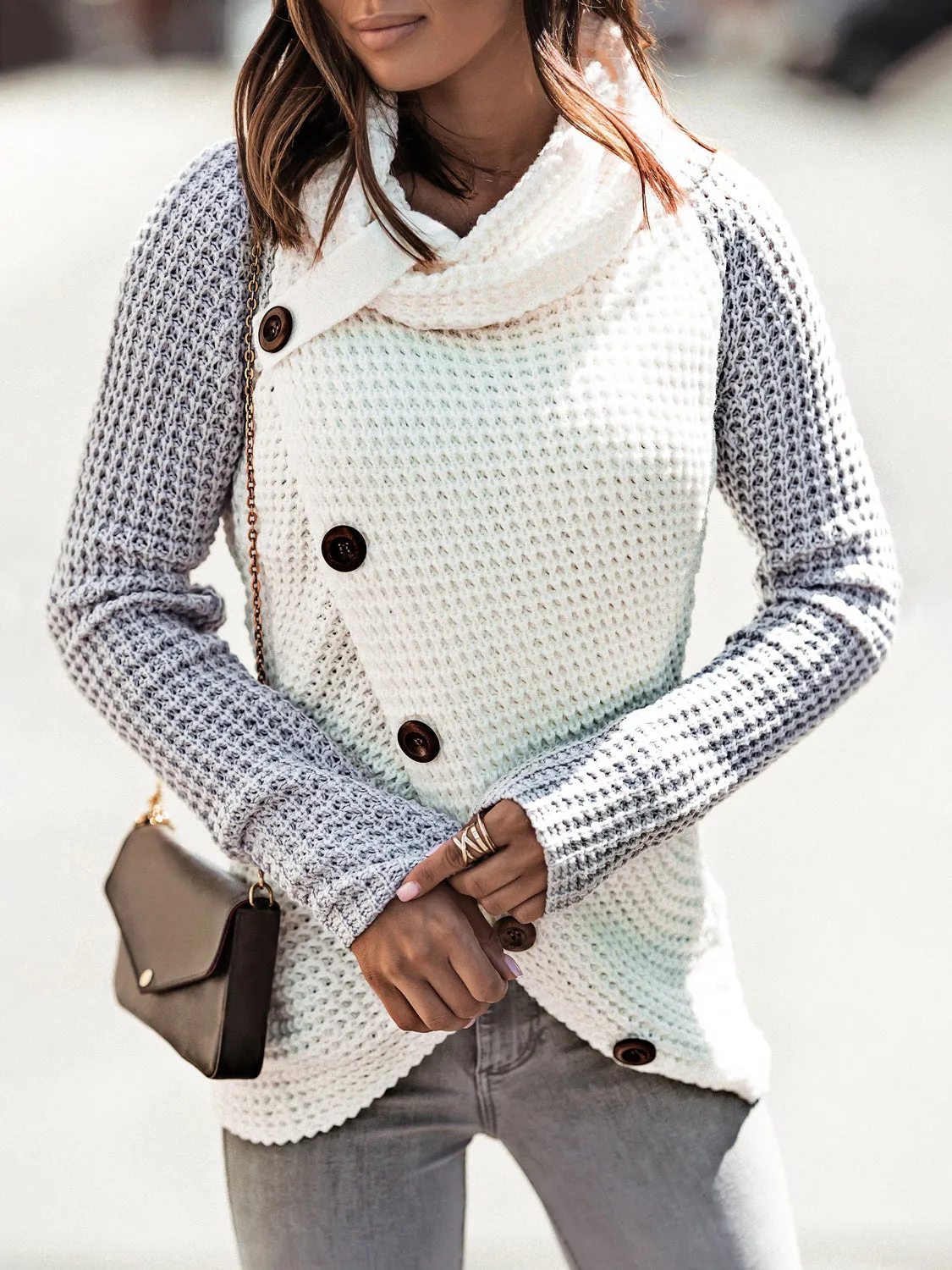 Contrast Decorative Button Turtleneck Sweater