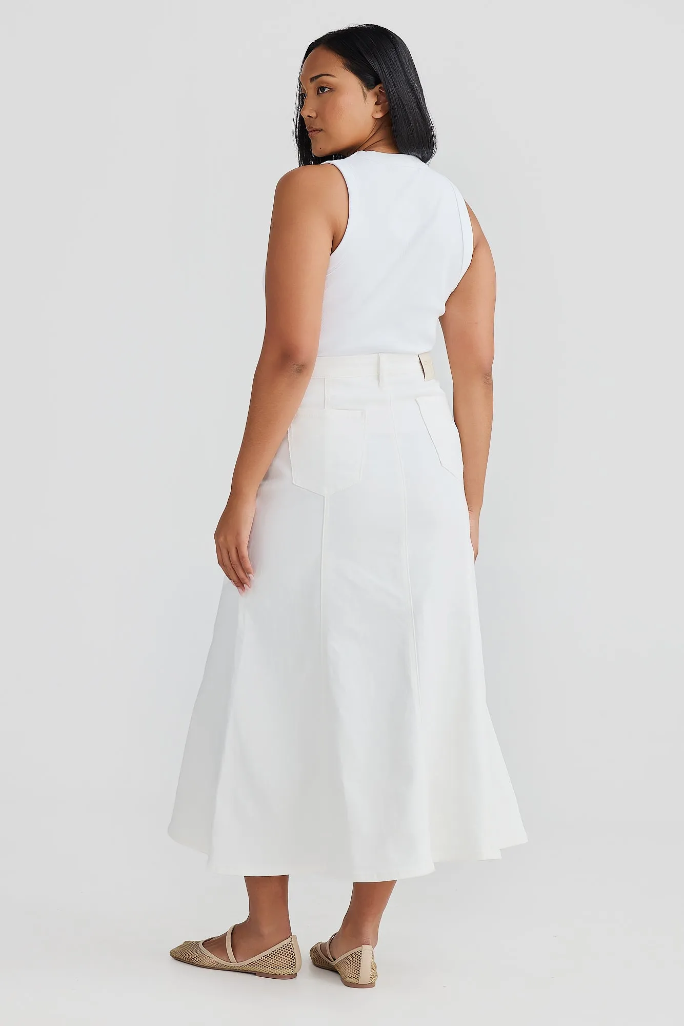 Core Denim Panelled Midi Skirt - White Denim