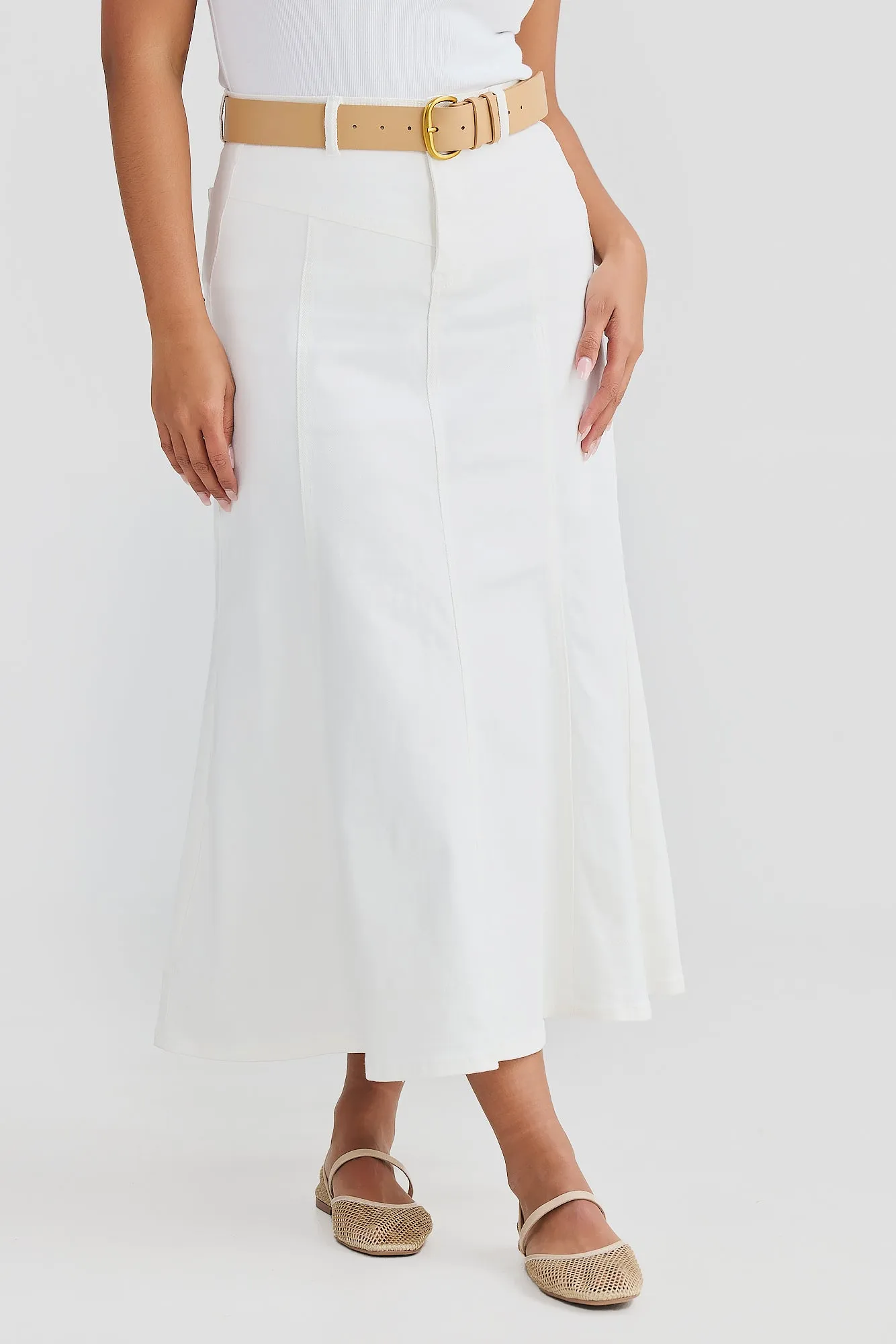 Core Denim Panelled Midi Skirt - White Denim