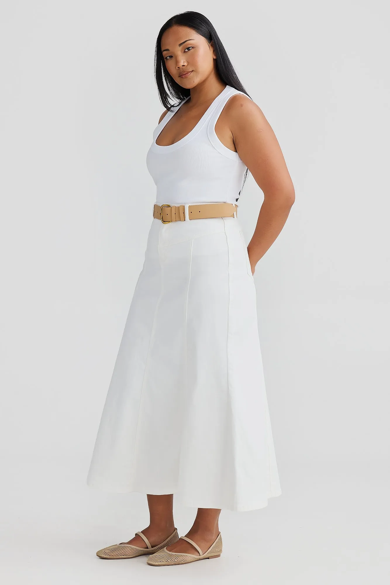 Core Denim Panelled Midi Skirt - White Denim