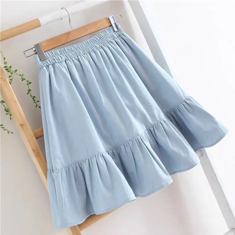 Cotton and linen skirt, high waist A-line pleated skirt, flounce spliced skirt  3580