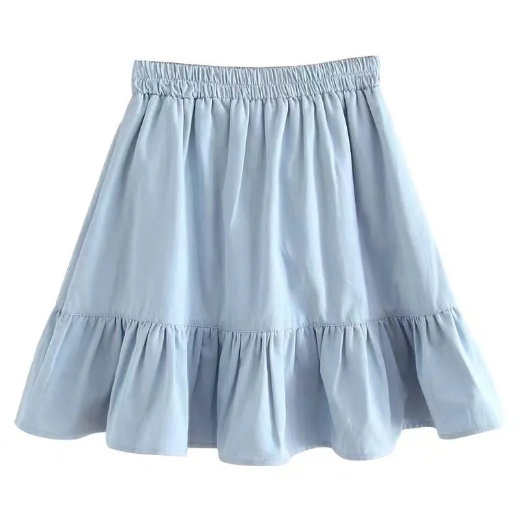 Cotton and linen skirt, high waist A-line pleated skirt, flounce spliced skirt  3580