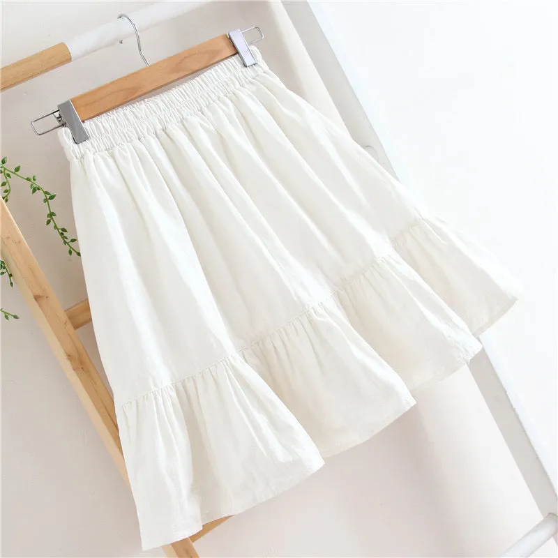 Cotton and linen skirt, high waist A-line pleated skirt, flounce spliced skirt  3580