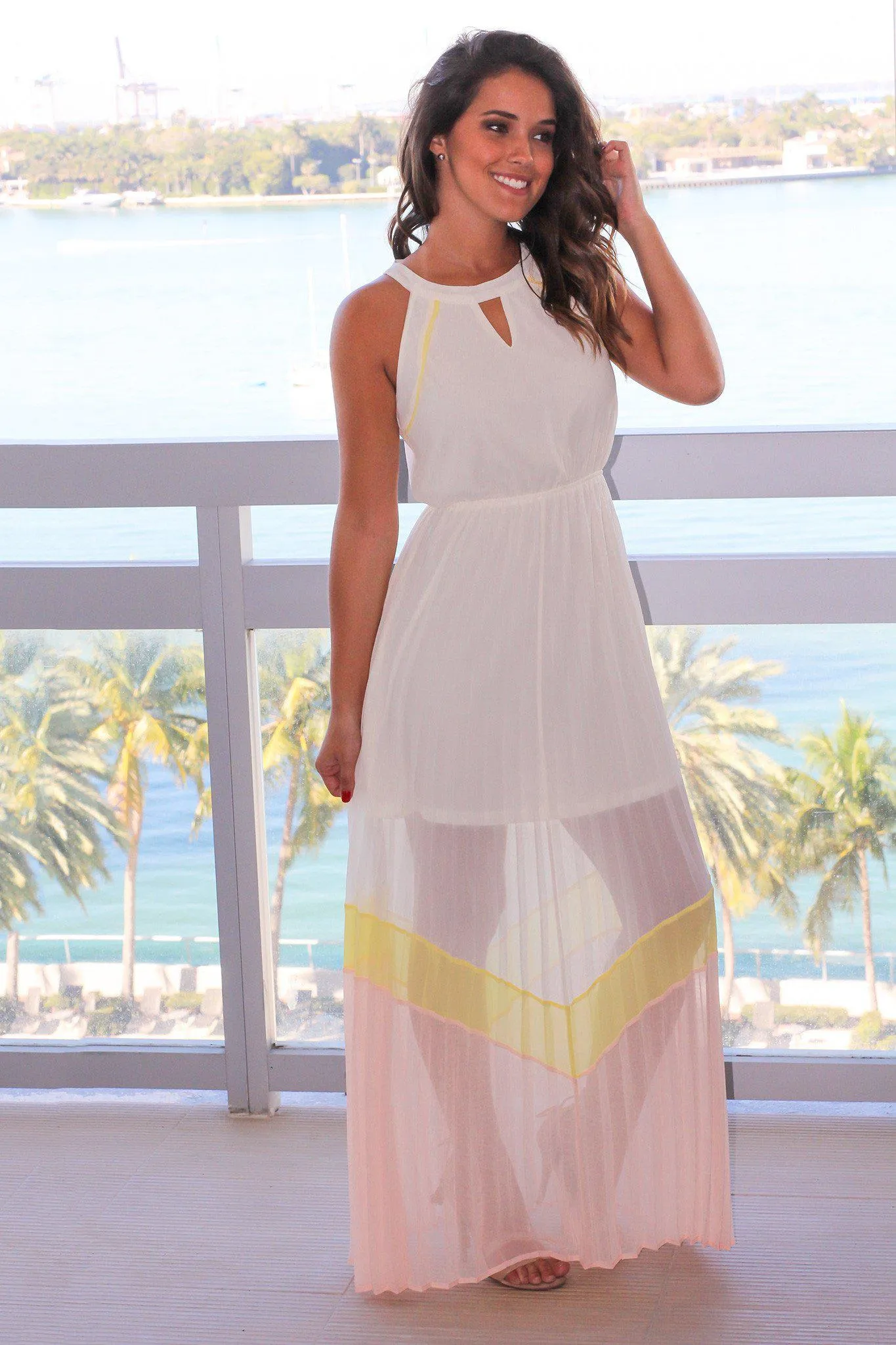 Cream Color Block Pleated Maxi Dress