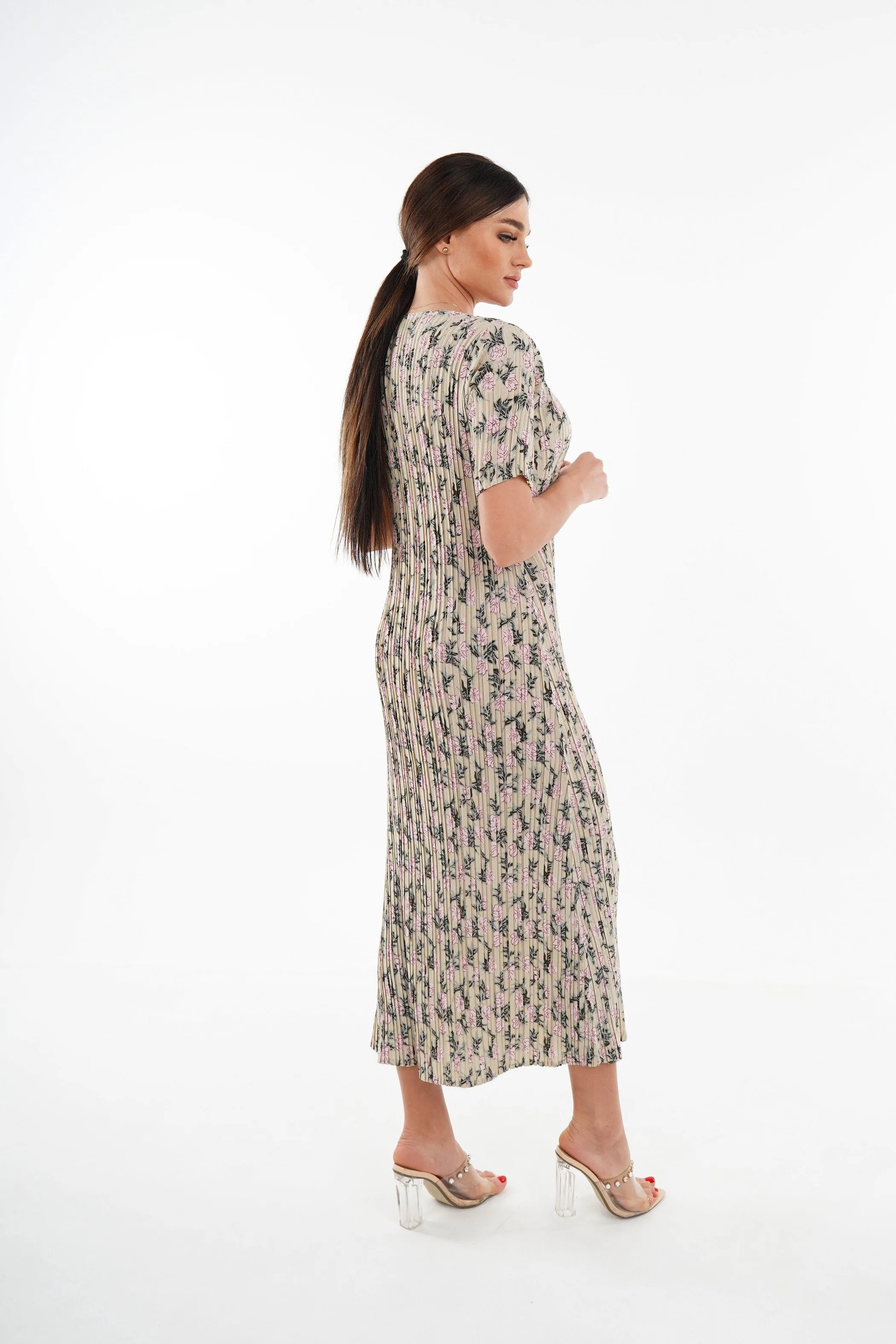 Dael Pleated Short Sleeve Floral Dress (Slim Fit)