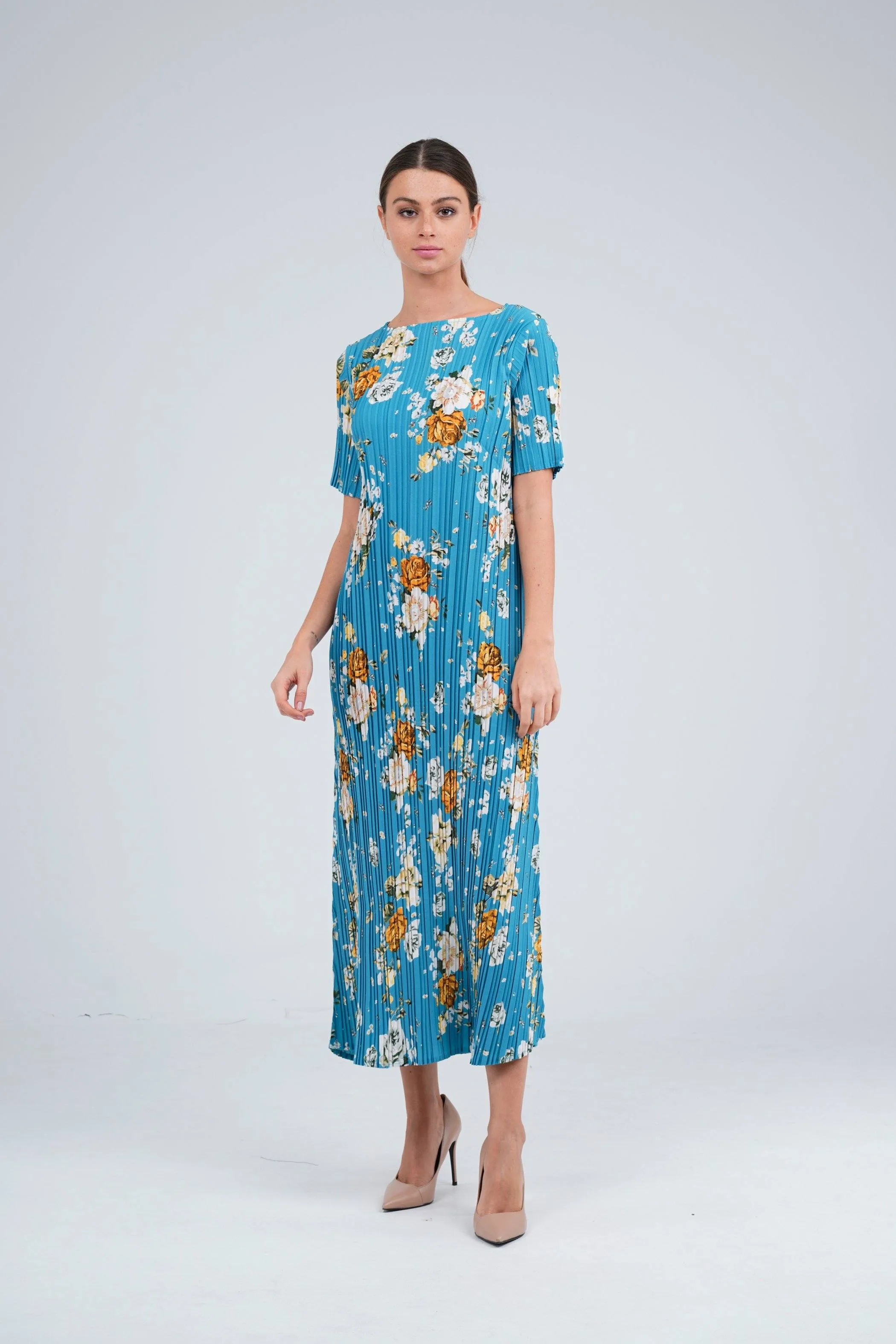 Dael Pleated Short Sleeve Floral Dress (Slim Fit)