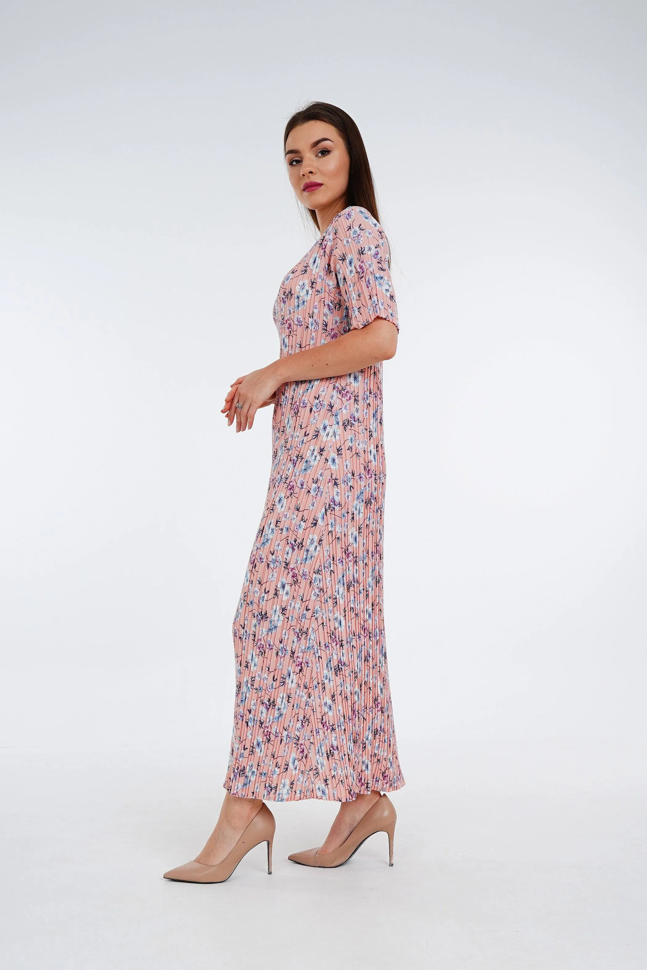 Dael Pleated Short Sleeve Floral Dress (Slim Fit)