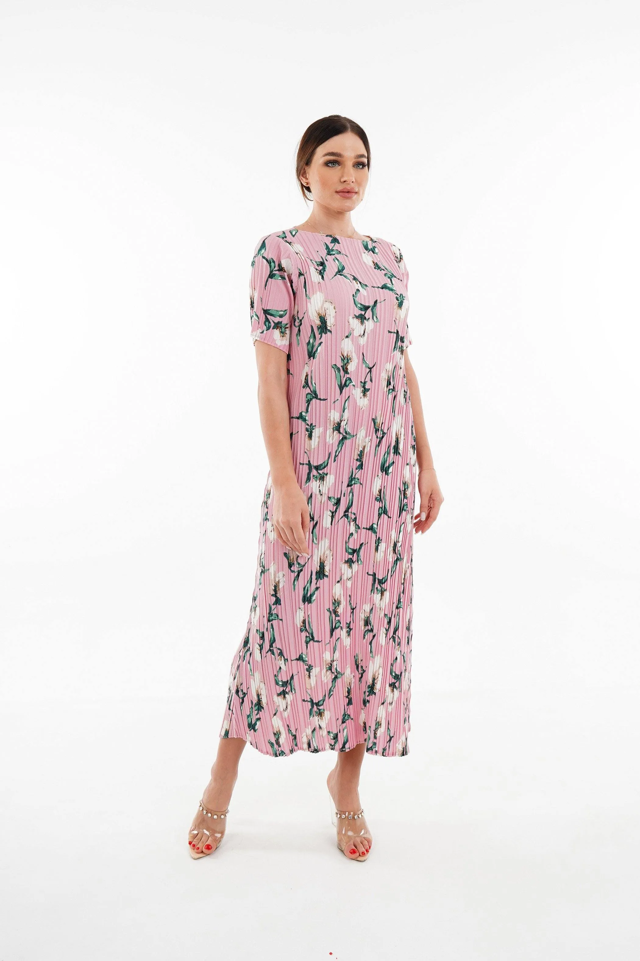 Dael Pleated Short Sleeve Floral Dress (Slim Fit)