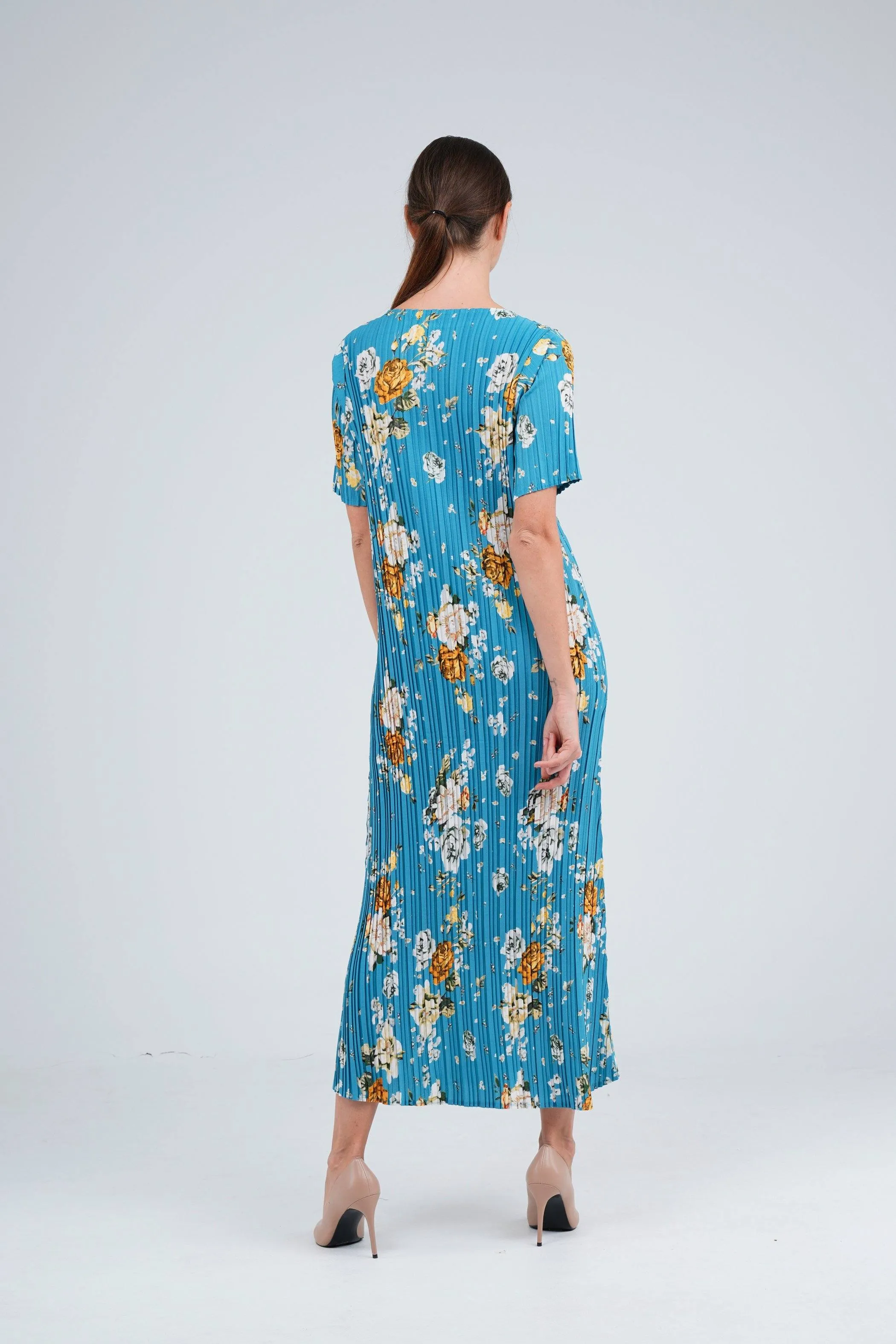 Dael Pleated Short Sleeve Floral Dress (Slim Fit)