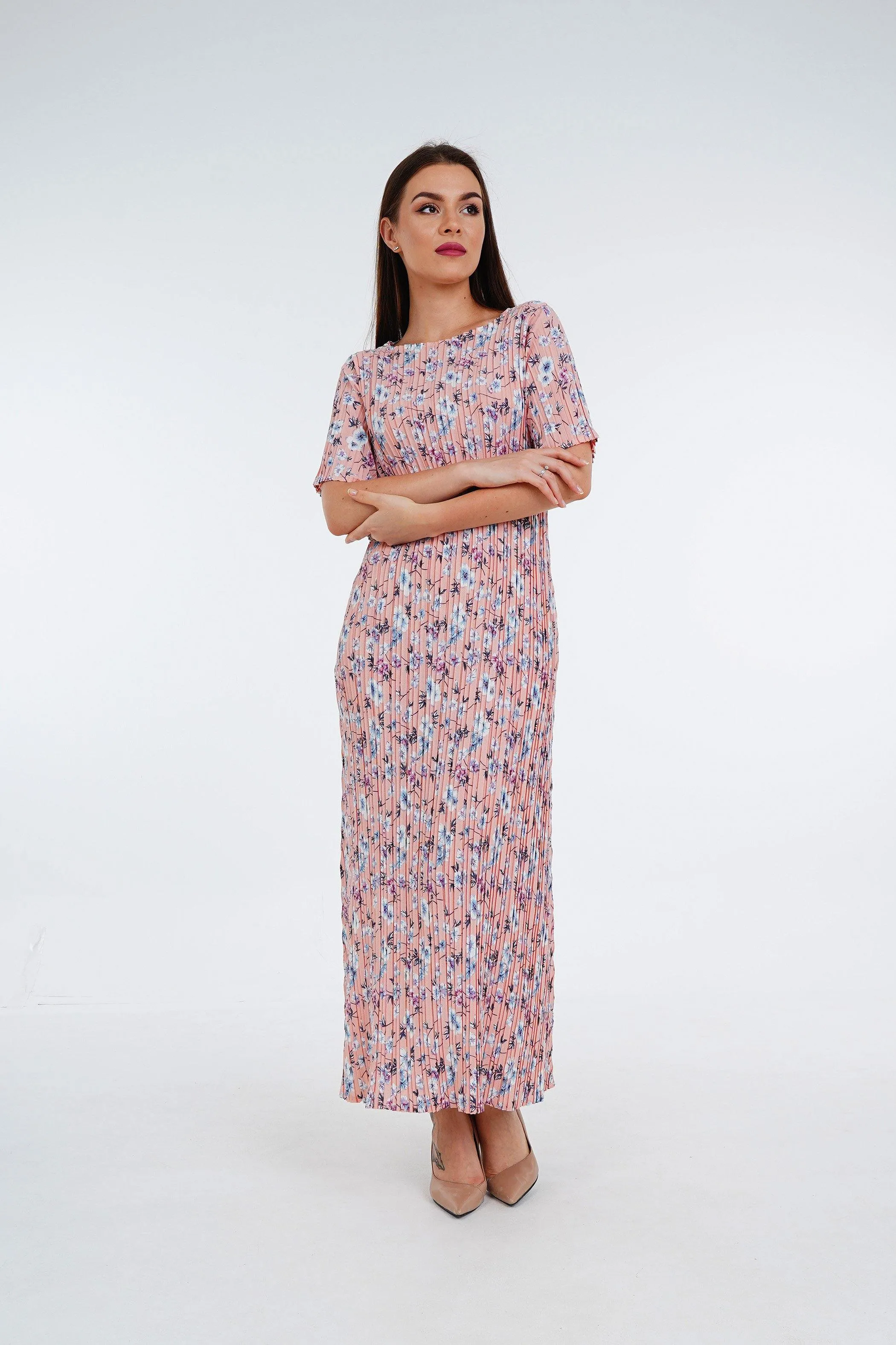 Dael Pleated Short Sleeve Floral Dress (Slim Fit)