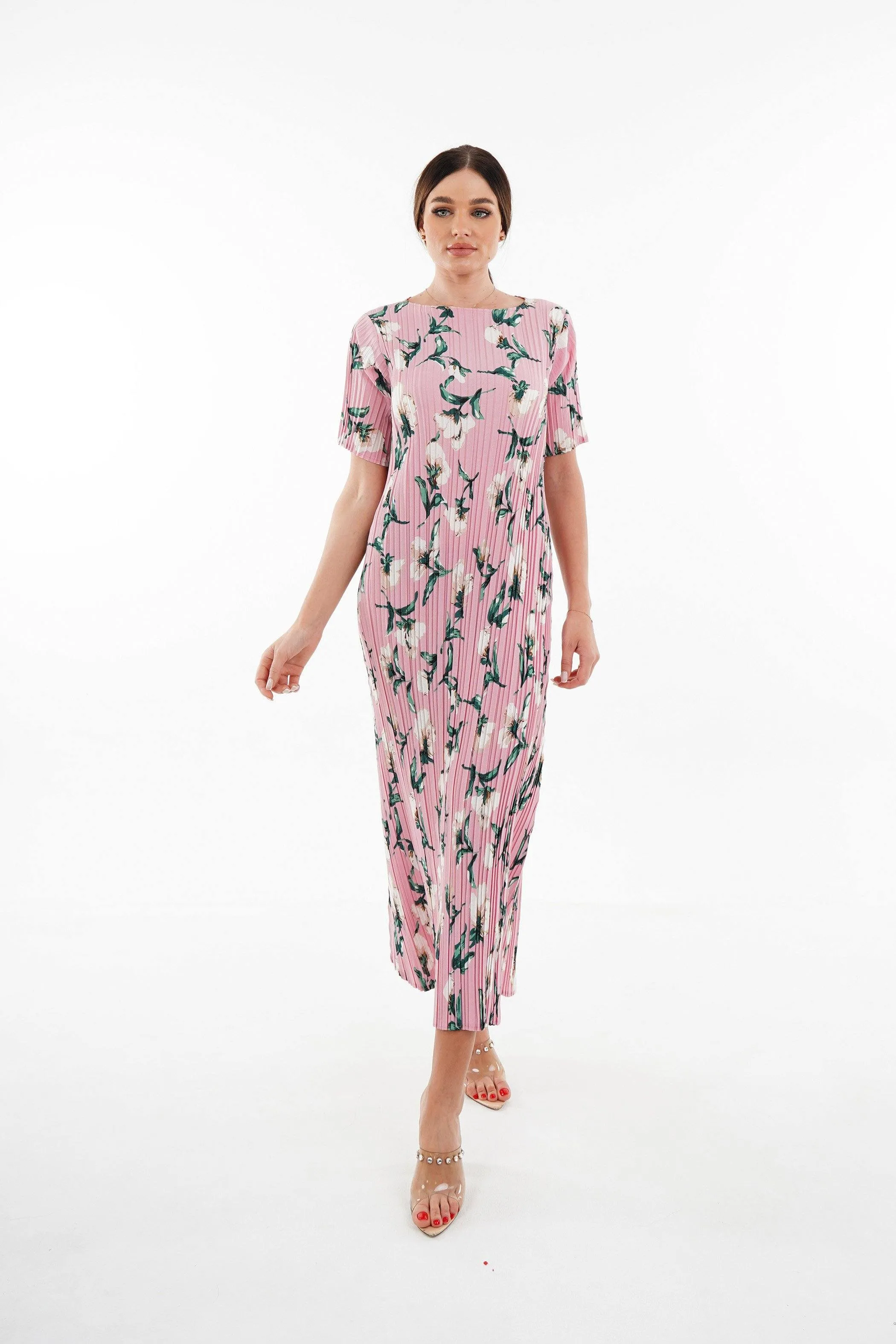 Dael Pleated Short Sleeve Floral Dress (Slim Fit)