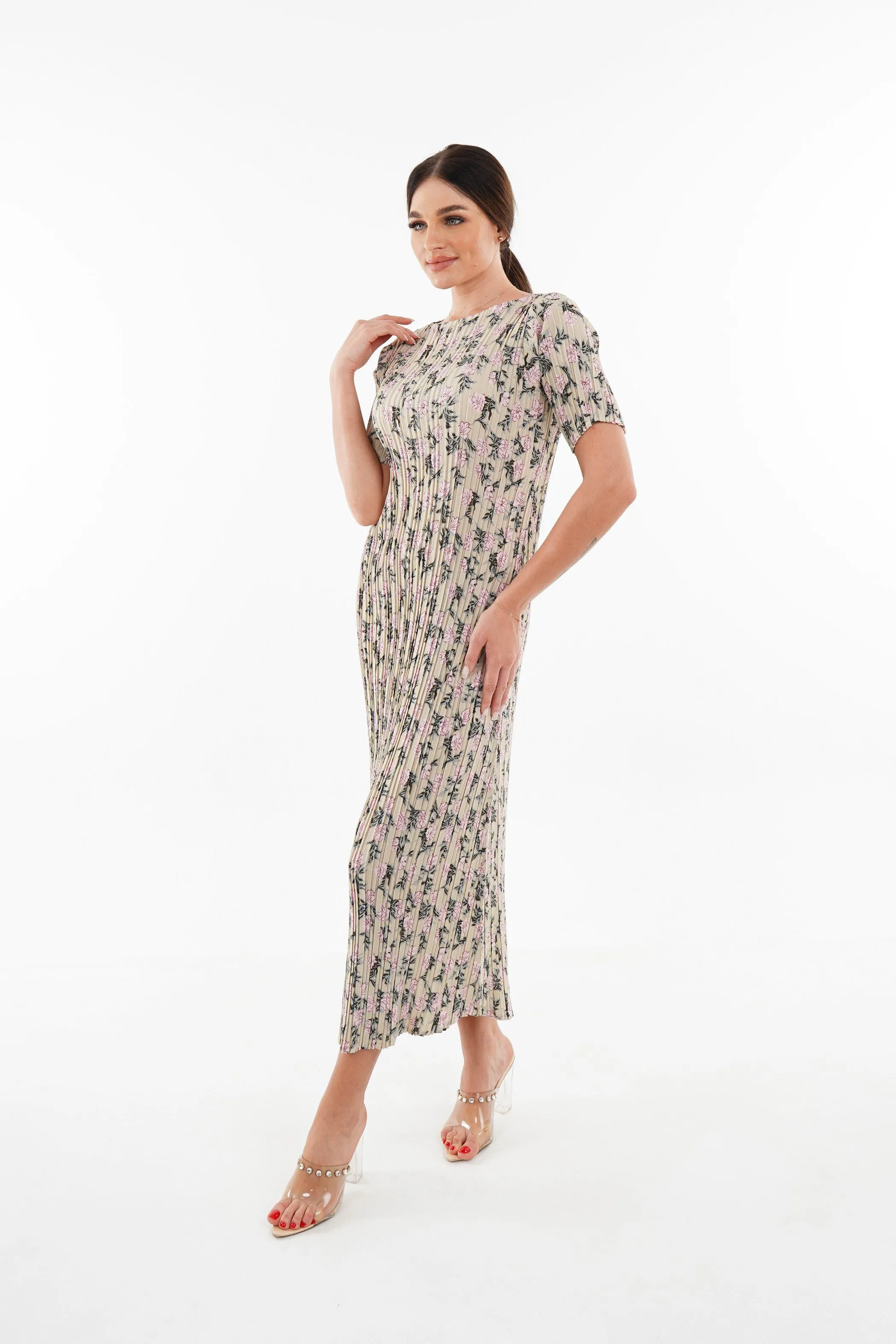 Dael Pleated Short Sleeve Floral Dress (Slim Fit)