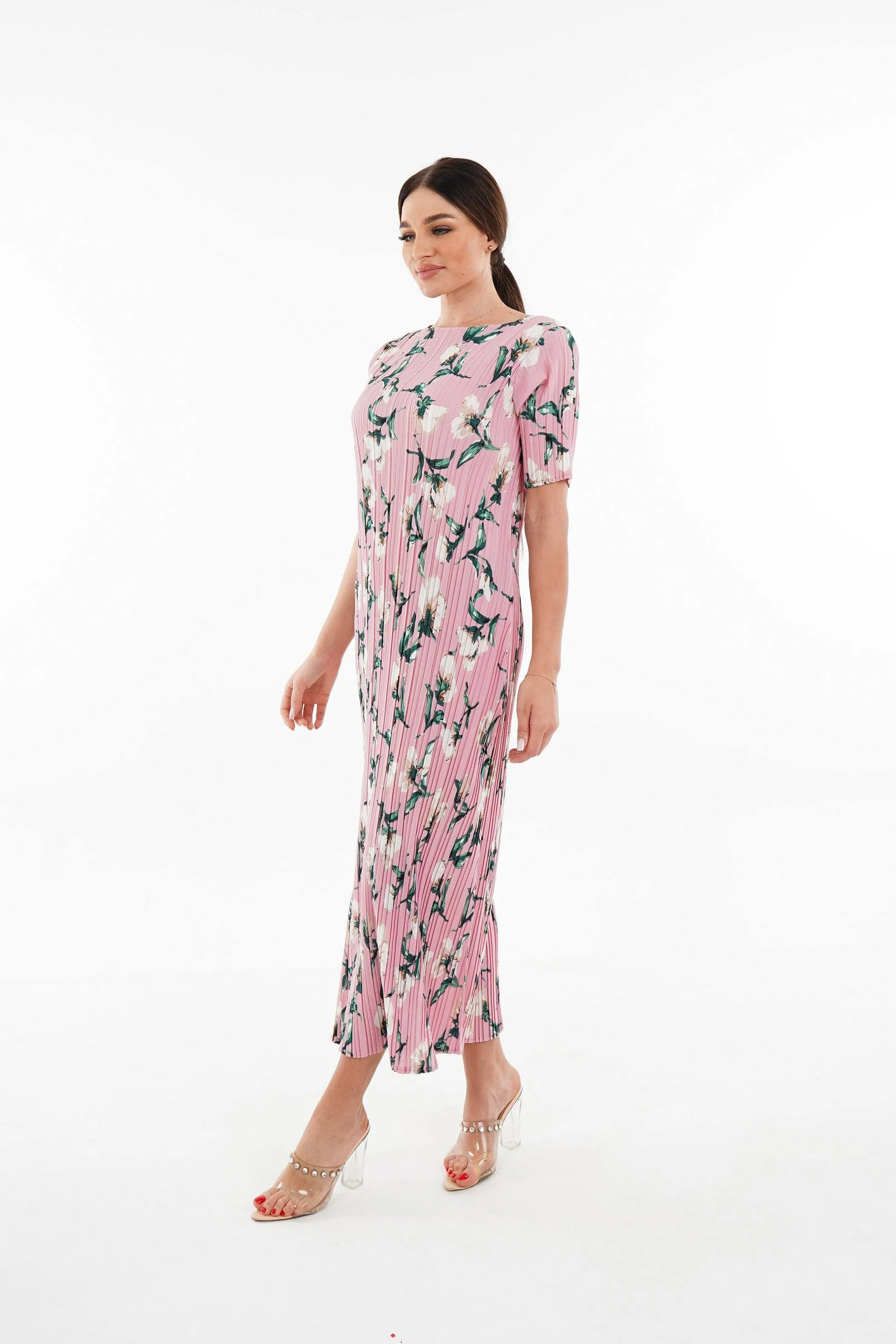 Dael Pleated Short Sleeve Floral Dress (Slim Fit)