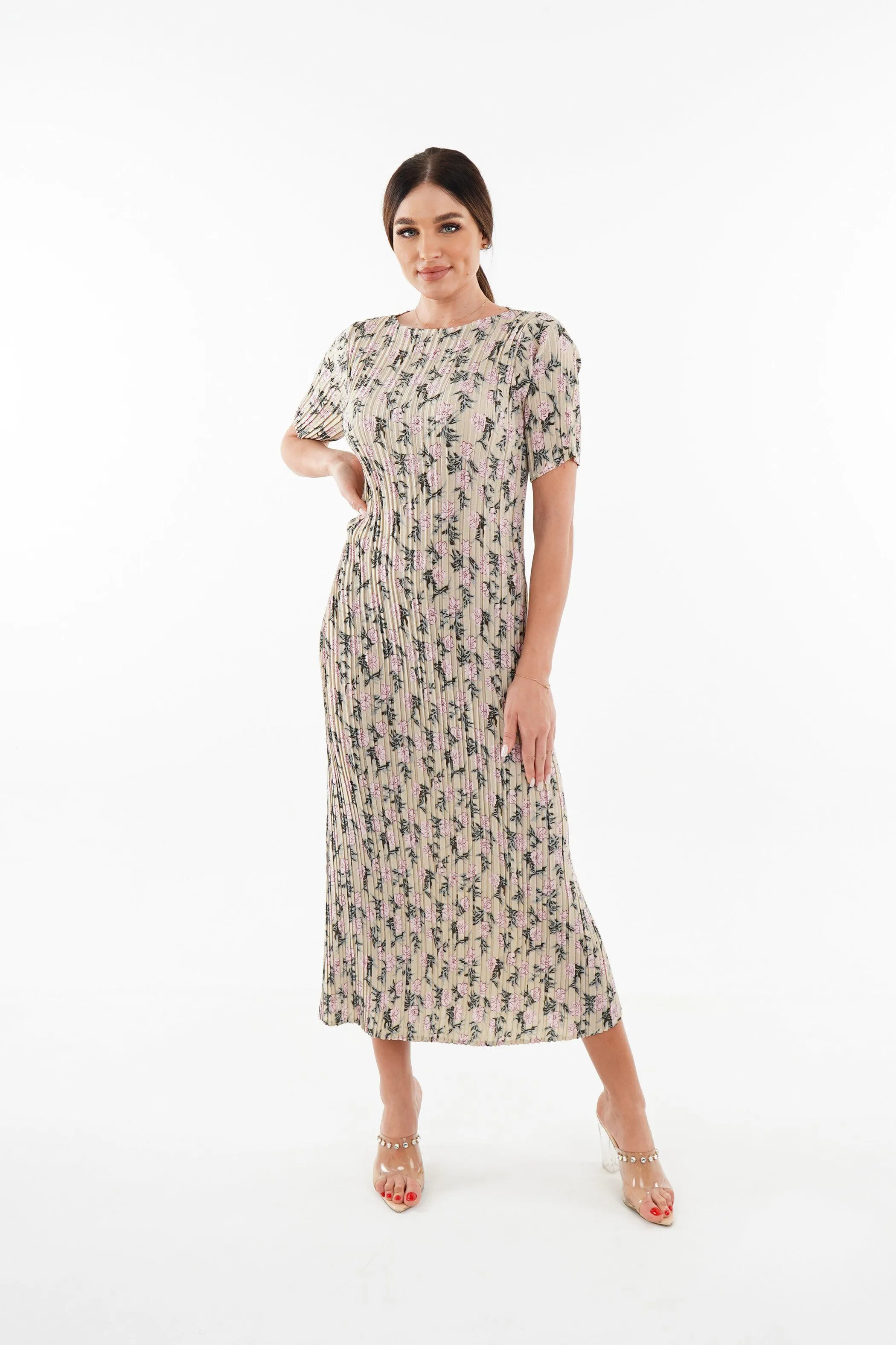 Dael Pleated Short Sleeve Floral Dress (Slim Fit)