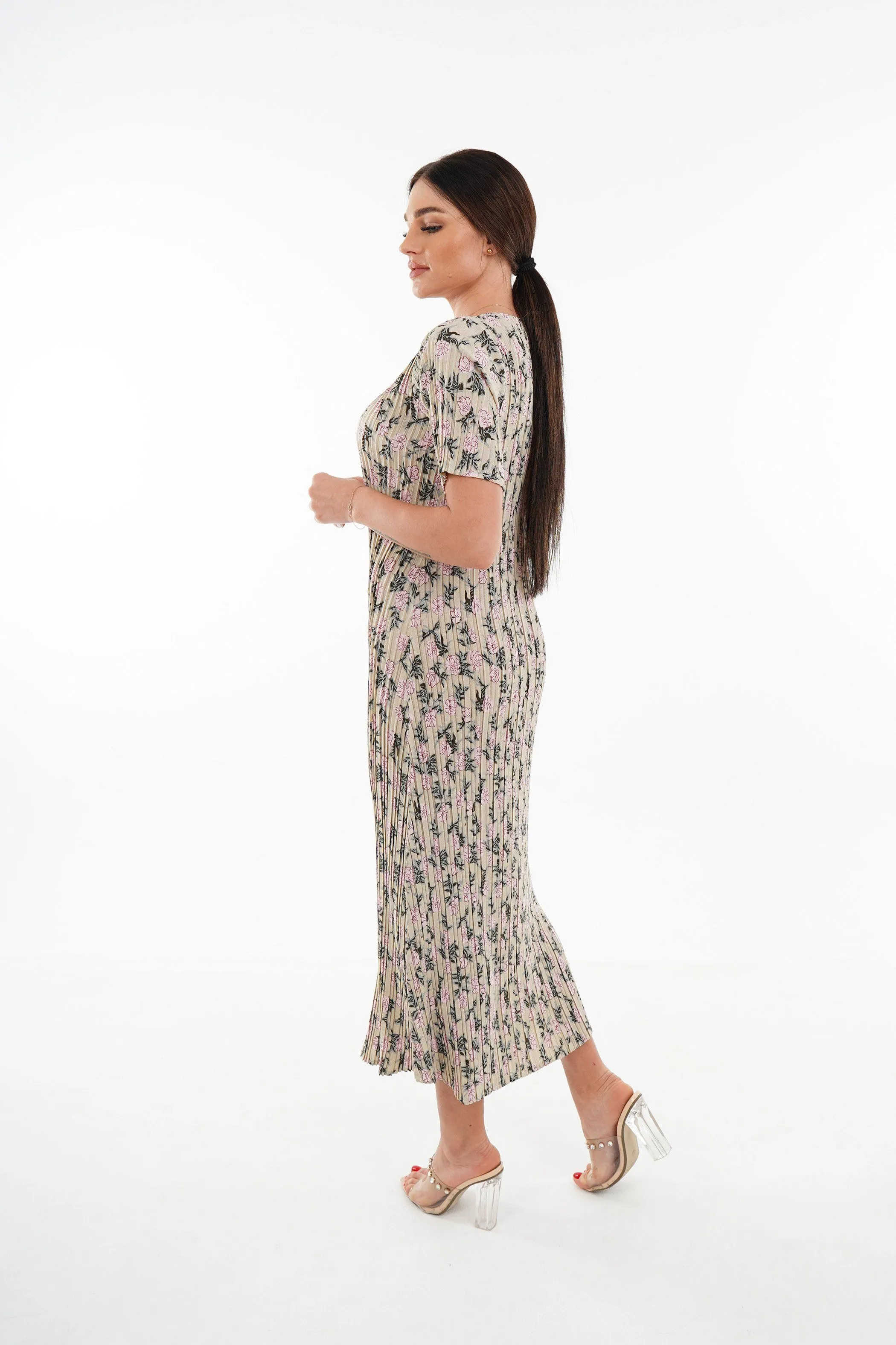 Dael Pleated Short Sleeve Floral Dress (Slim Fit)