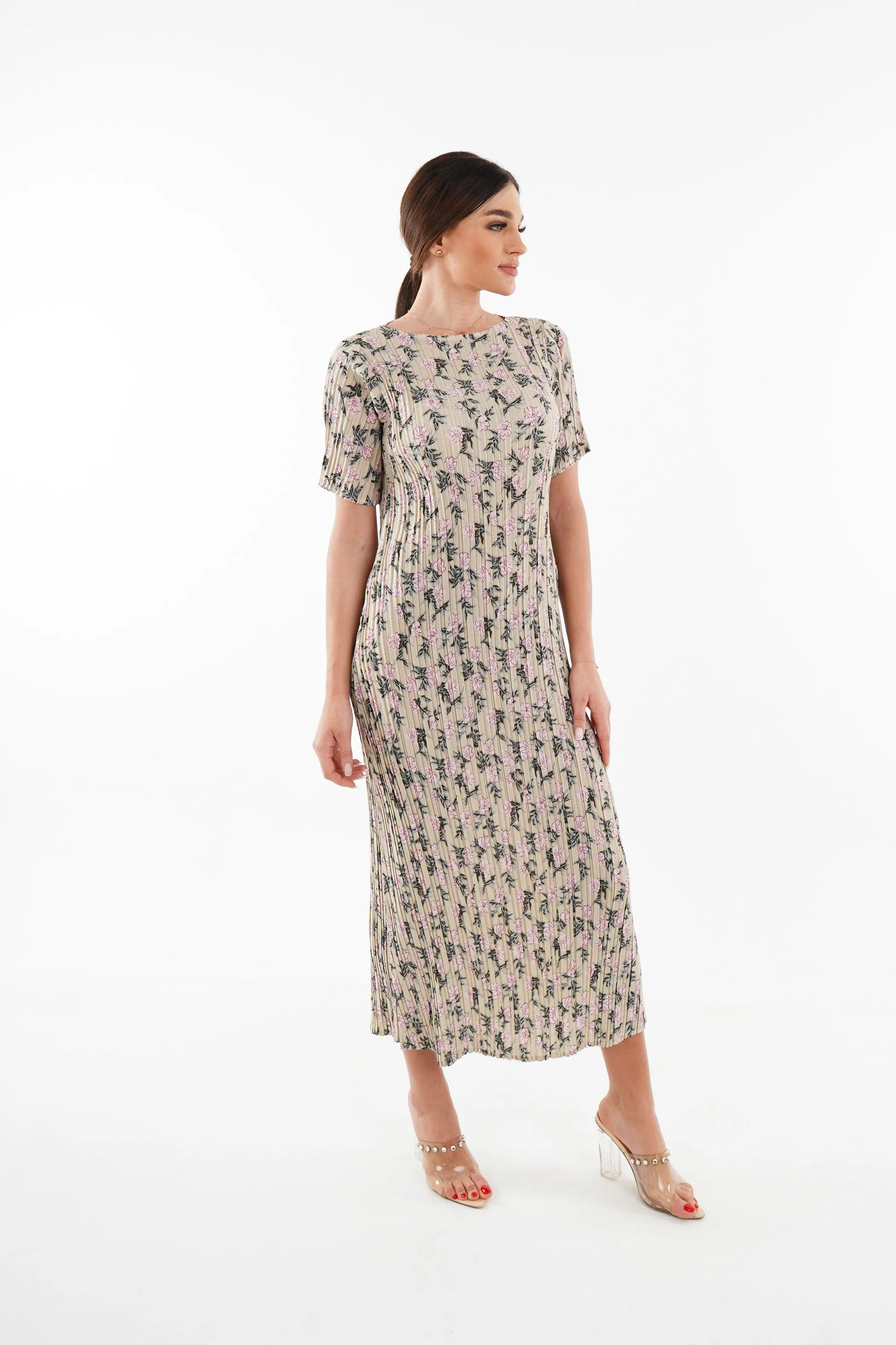 Dael Pleated Short Sleeve Floral Dress (Slim Fit)