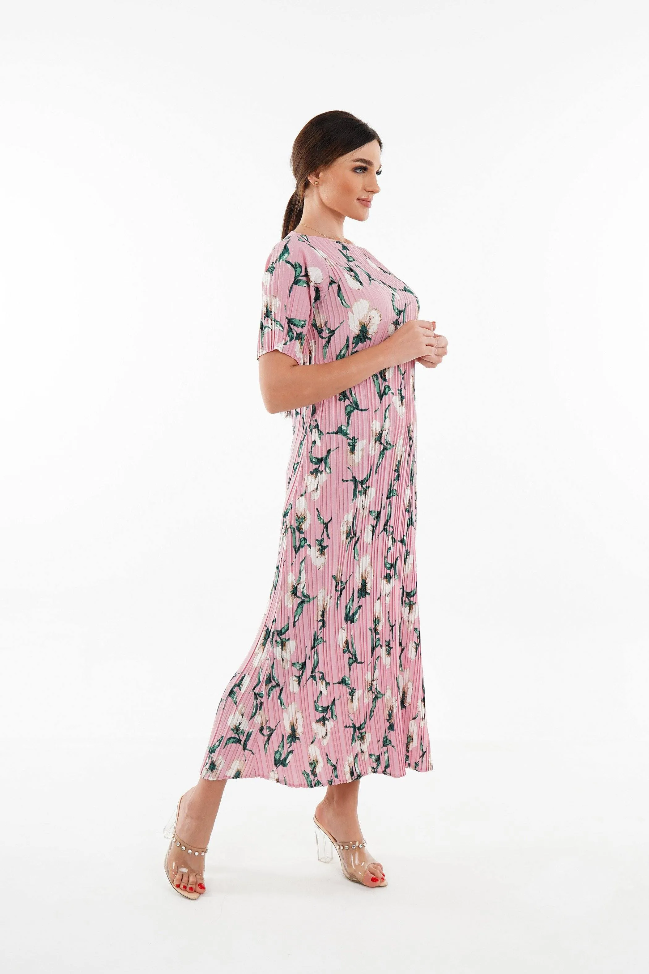 Dael Pleated Short Sleeve Floral Dress (Slim Fit)