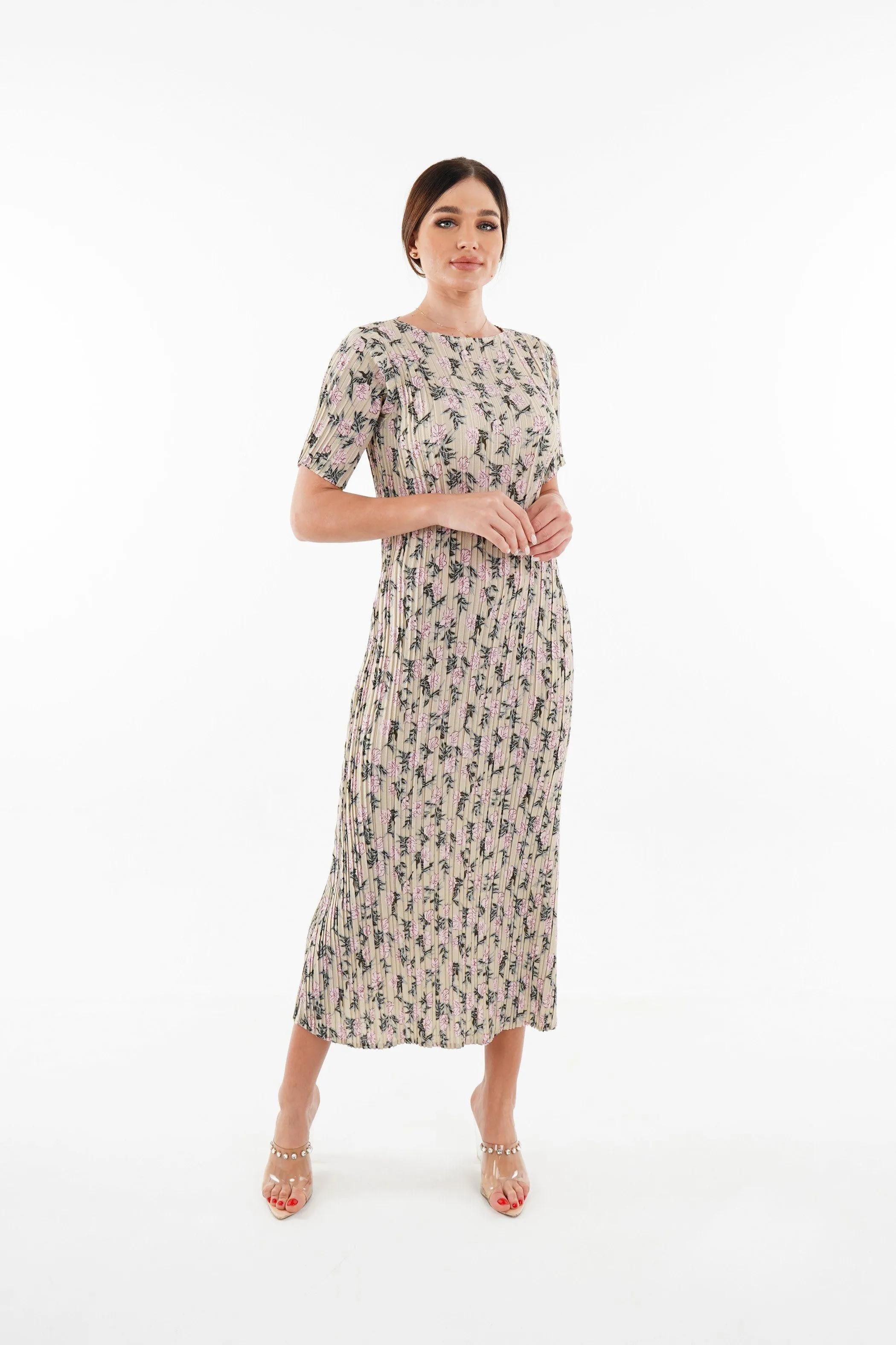 Dael Pleated Short Sleeve Floral Dress (Slim Fit)