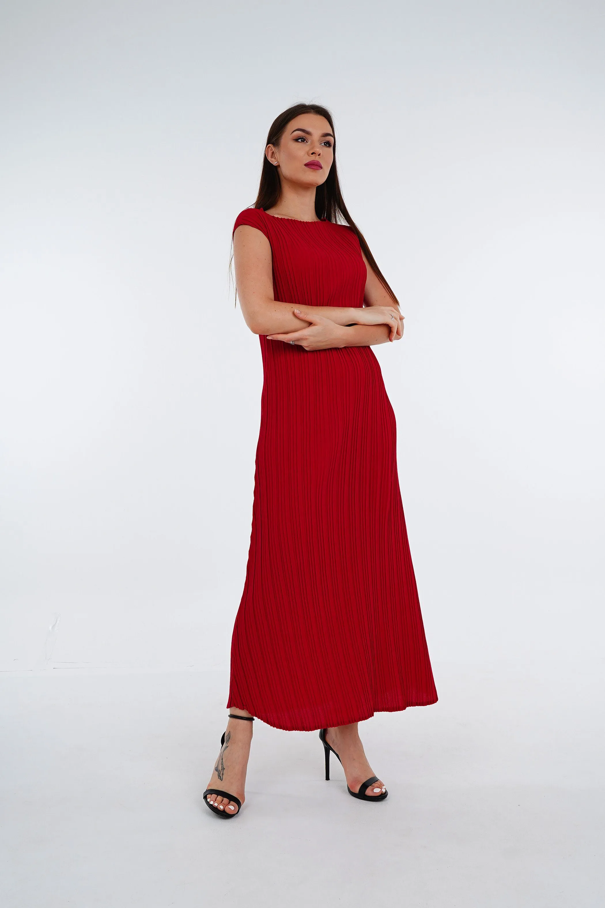 Dara Boat Neck Pleated Dress (Slim Fit)