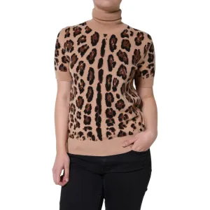 Dolce & Gabbana Beige Leopard Print Wool Turtleneck Top