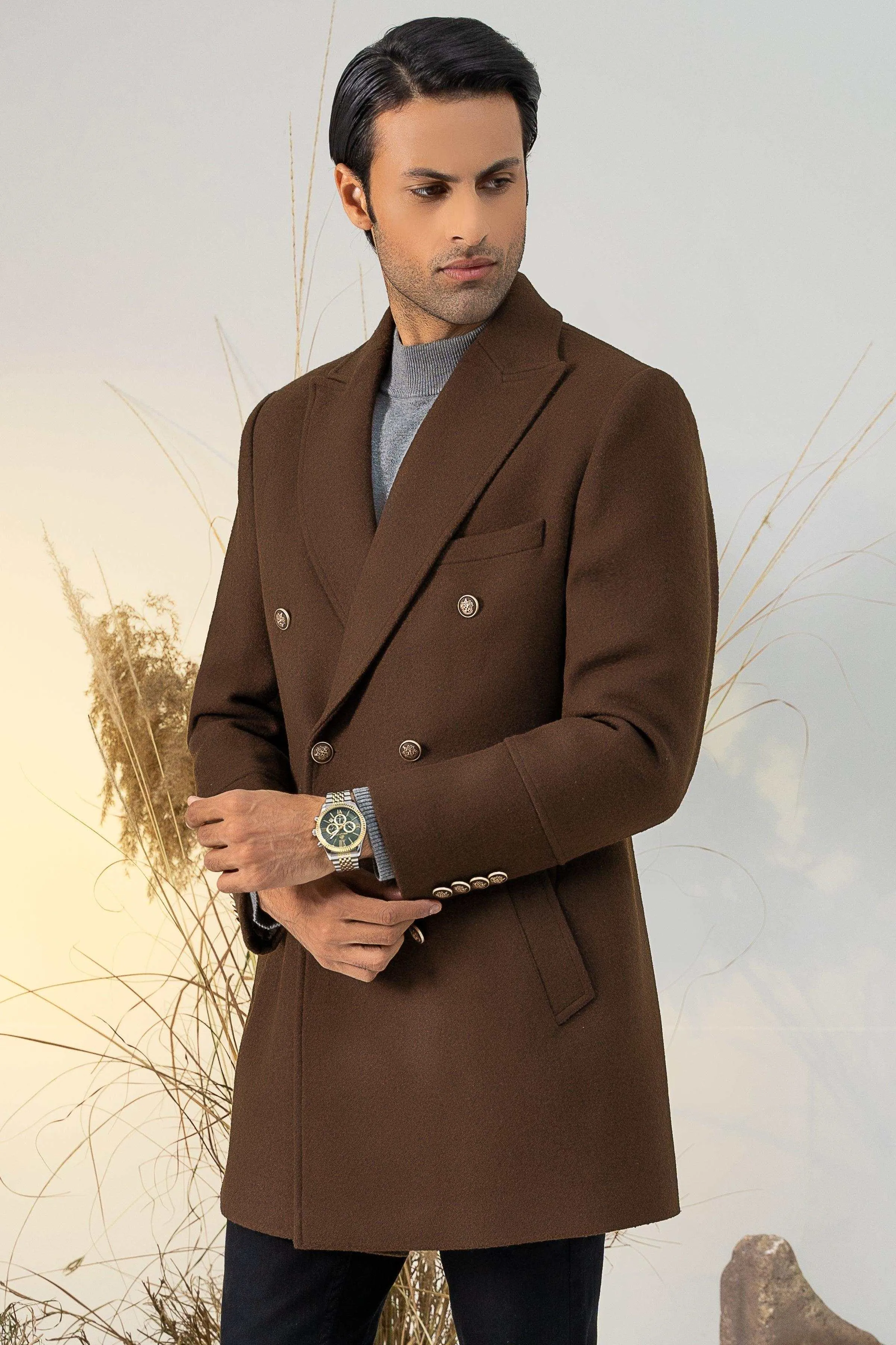 DOUBLE BREASTED LONG COAT DARK BROWN