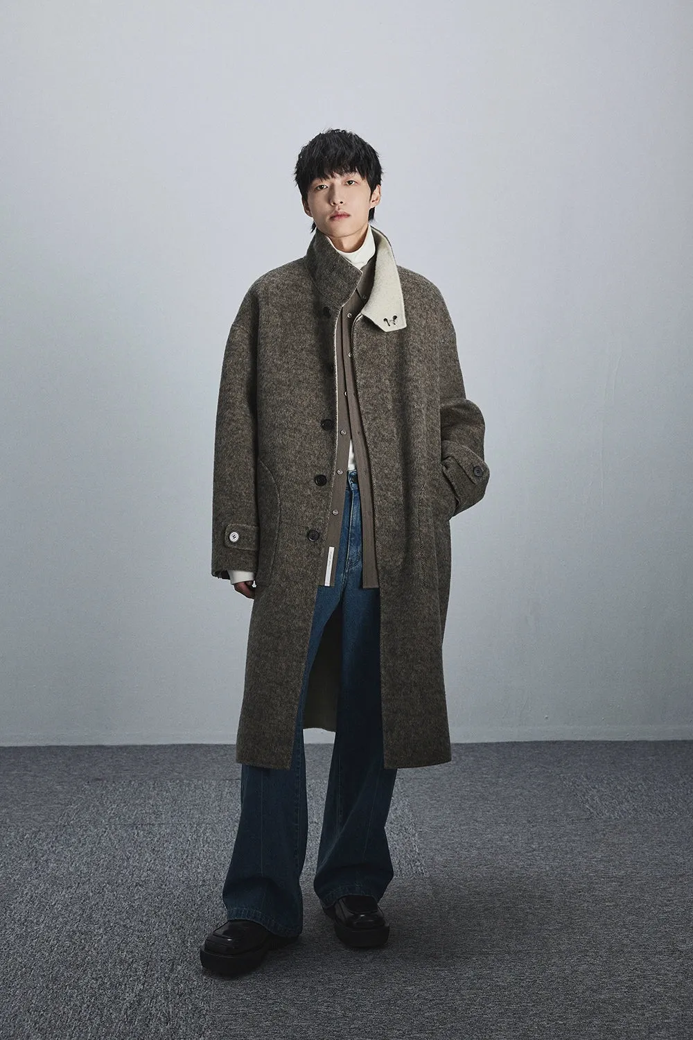 Double-Faced Two-Tone High Neck Handcrafted Coat