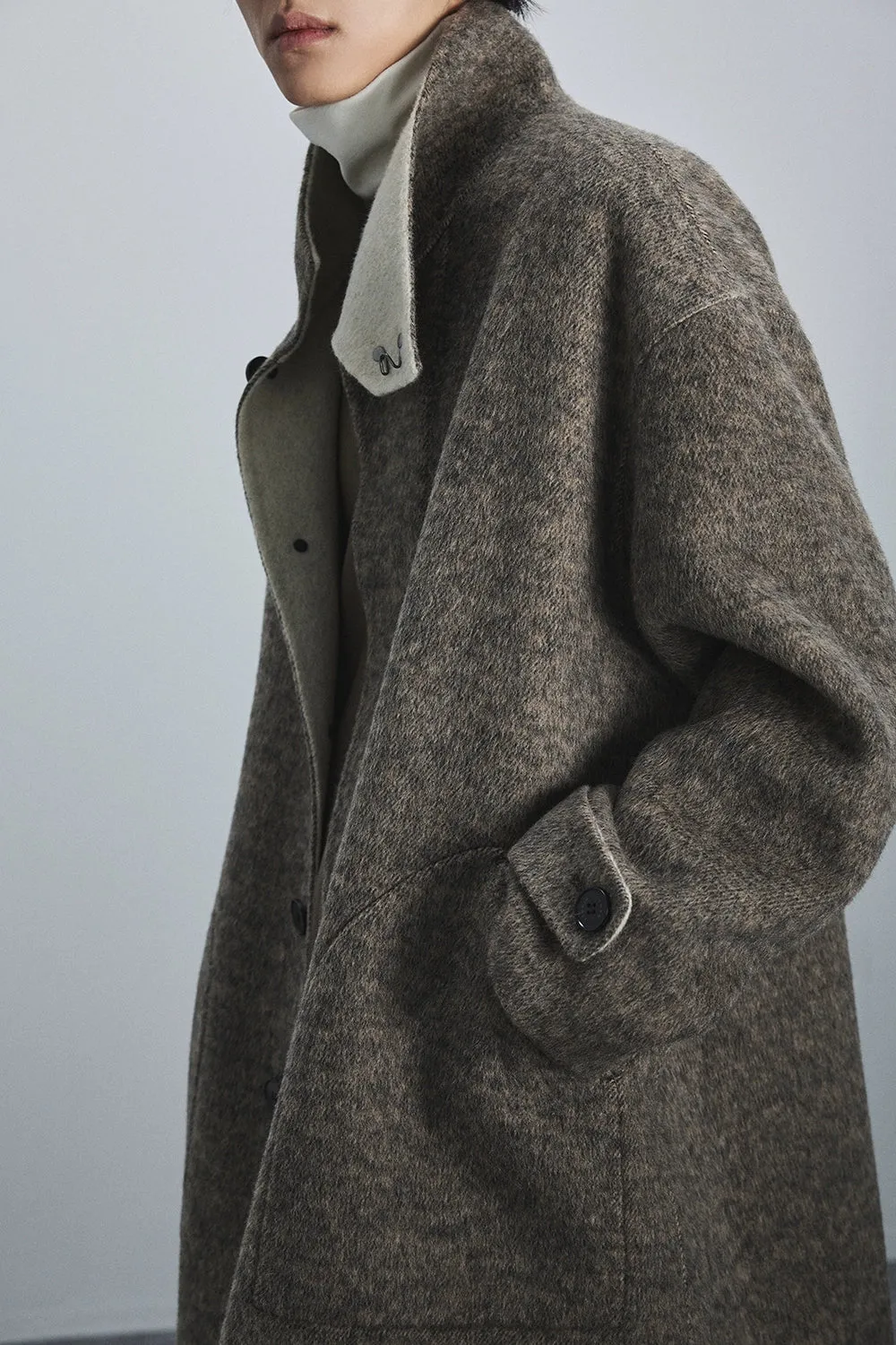 Double-Faced Two-Tone High Neck Handcrafted Coat