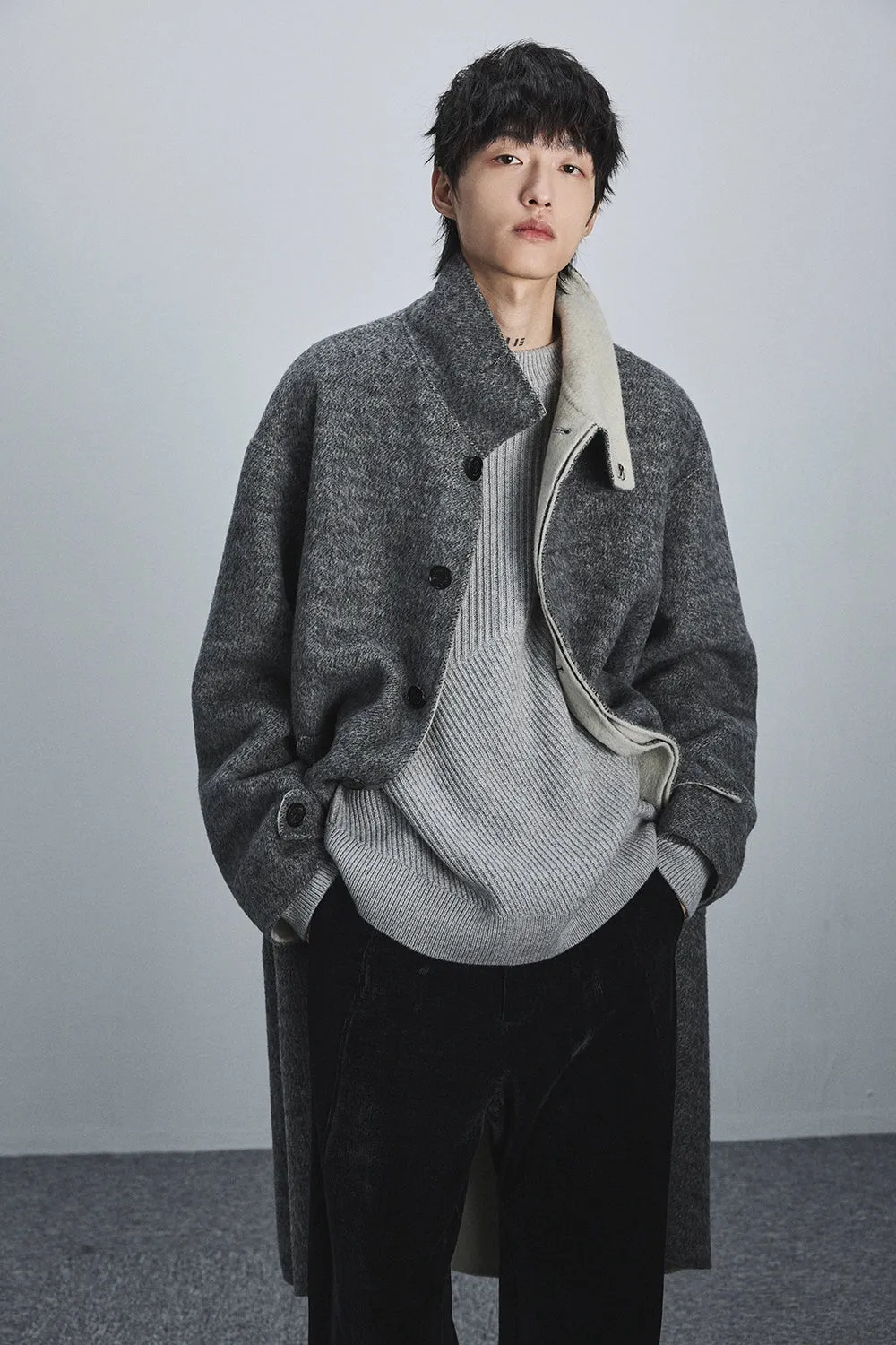 Double-Faced Two-Tone High Neck Handcrafted Coat