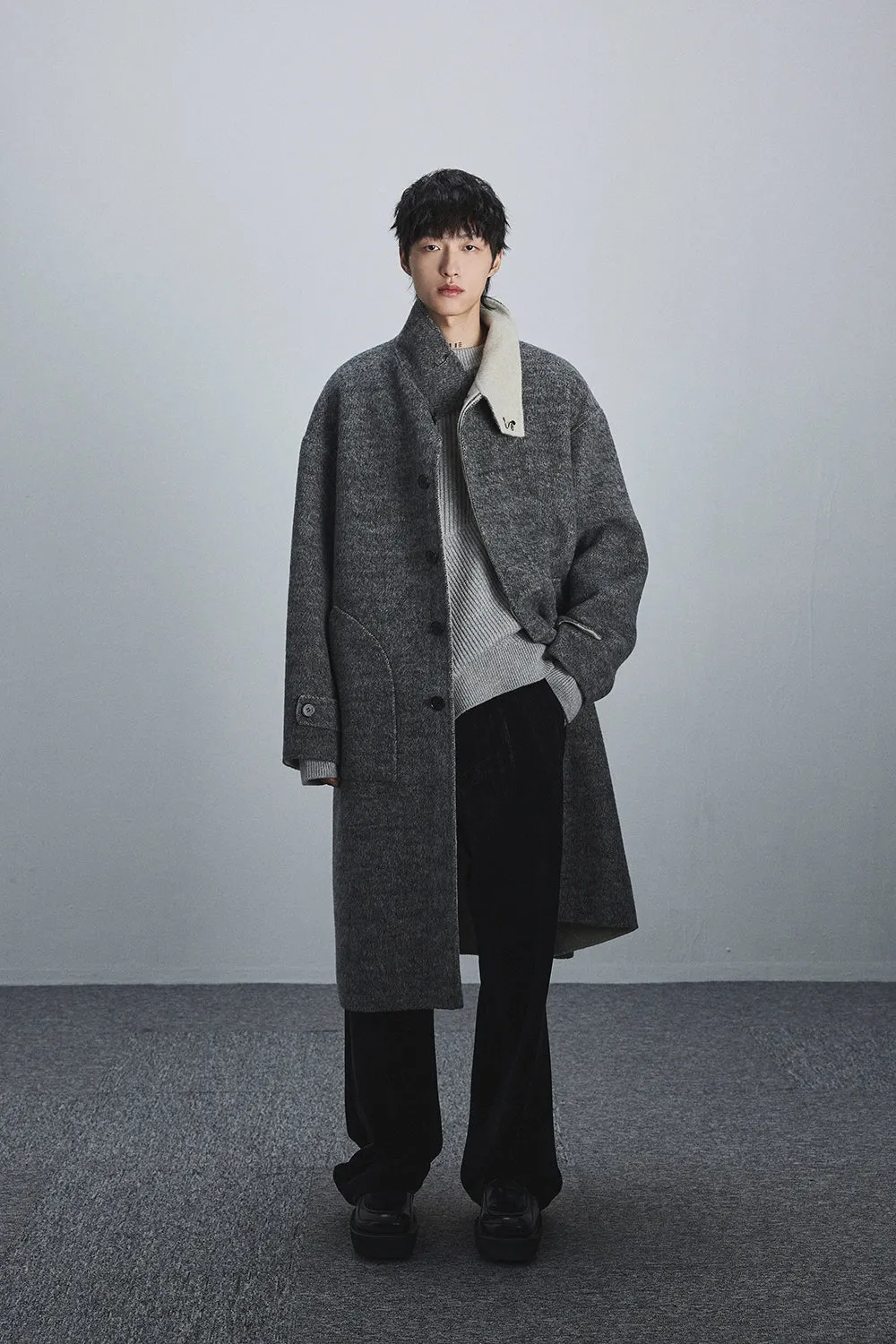 Double-Faced Two-Tone High Neck Handcrafted Coat