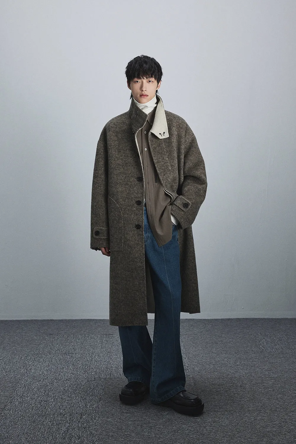 Double-Faced Two-Tone High Neck Handcrafted Coat